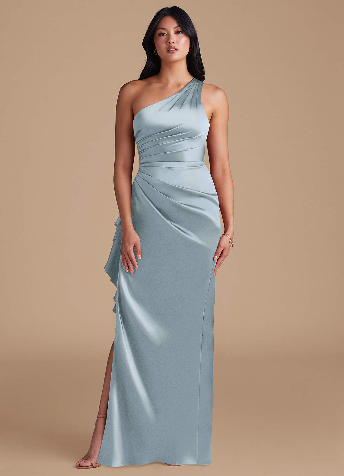 Latrice Sheath One-Shoulder Metallic Satin Bridesmaid Dress in dusty blue
