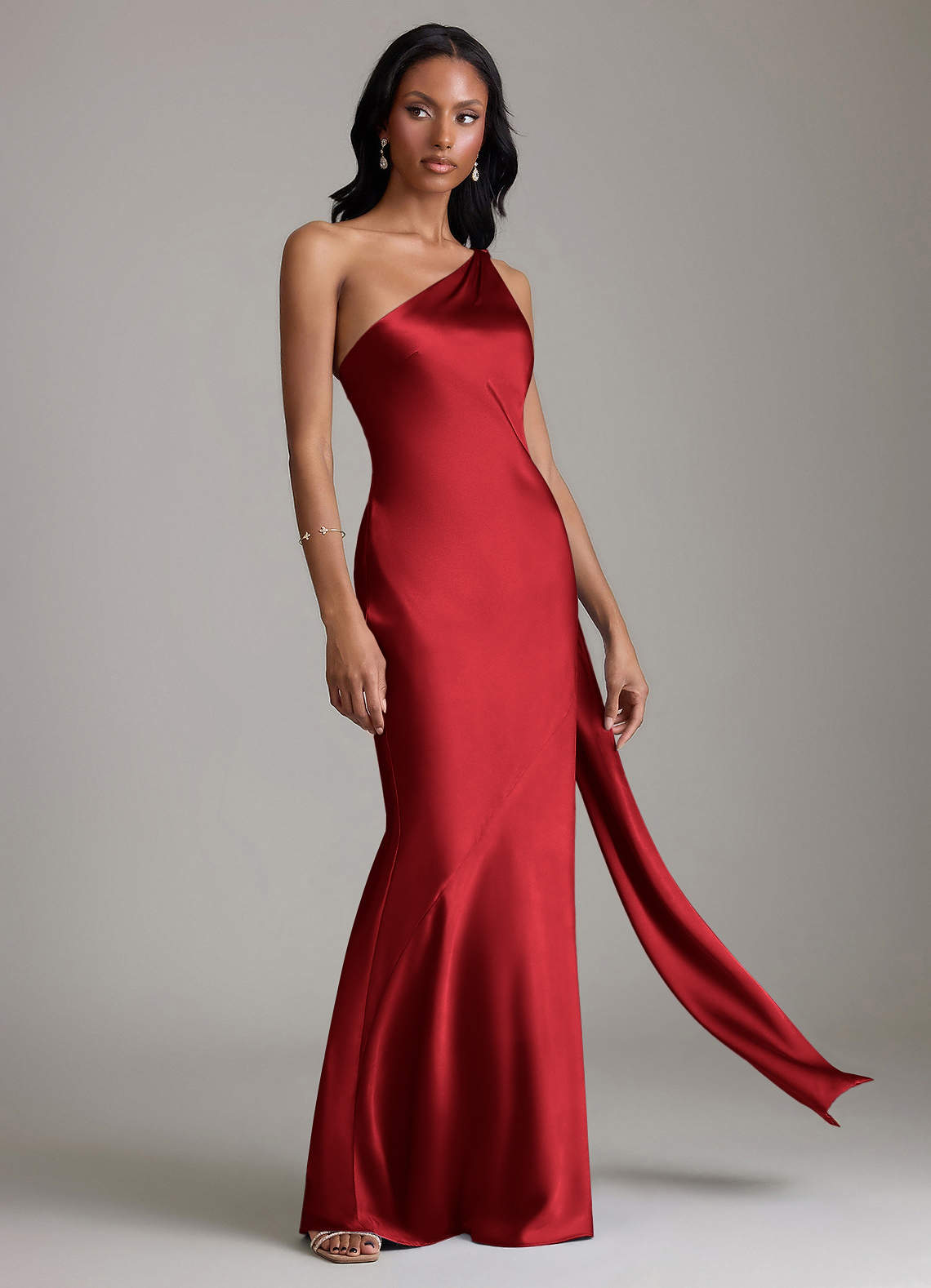 Juniper Mermaid One-Shoulder Stretch Satin Bridesmaid Dress in Scarlet