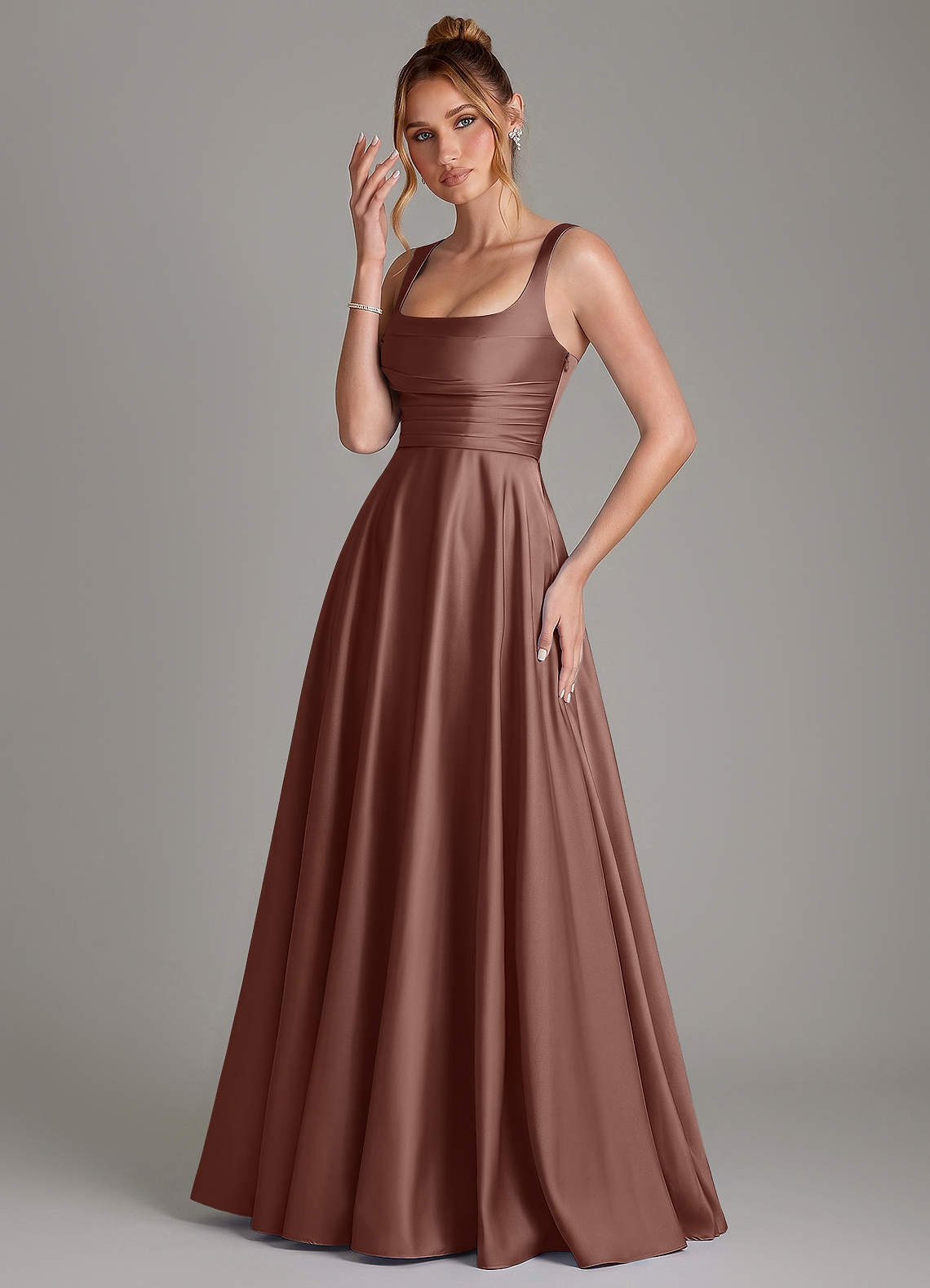Azaria A-Line Square-Neck Stretch Satin Bridesmaid Dress in Espresso
