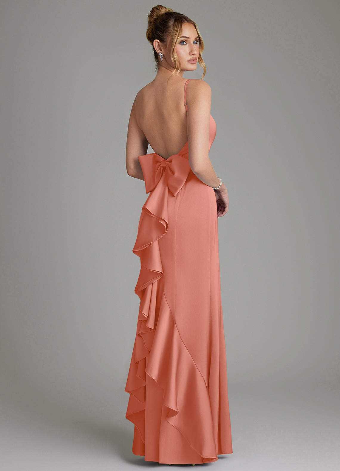 Zherra Mermaid Scoop-Neck Stretch Satin Bridesmaid Dress in Salmon Pink