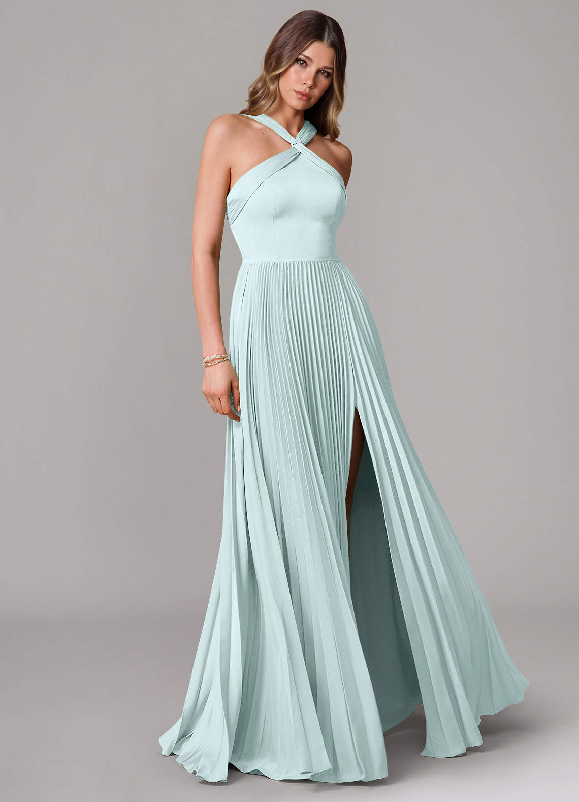 Afra A-Line Halter-Neck Stretch Satin Bridesmaid Dress in Sea Glass