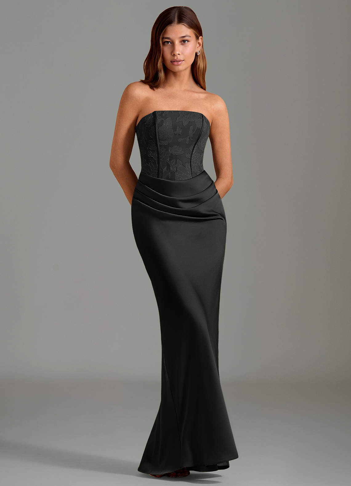 Emilia Mermaid Strapless Stretch Satin and Floral Burnout Bridesmaid Dress in black