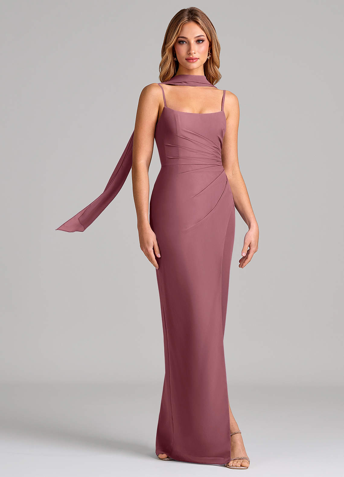 Calandra Sheath Scoop-Neck Chiffon Bridesmaid Dress in Desert Rose