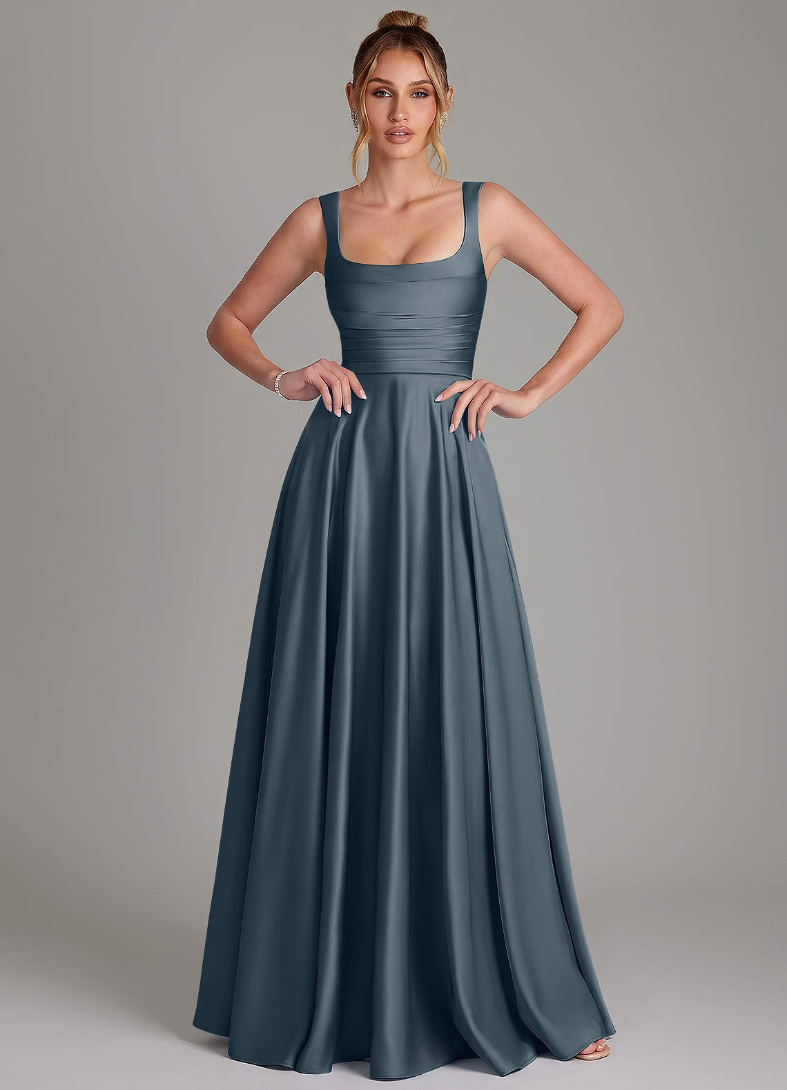 Azaria A-Line Square-Neck Stretch Satin Bridesmaid Dress in Twilight
