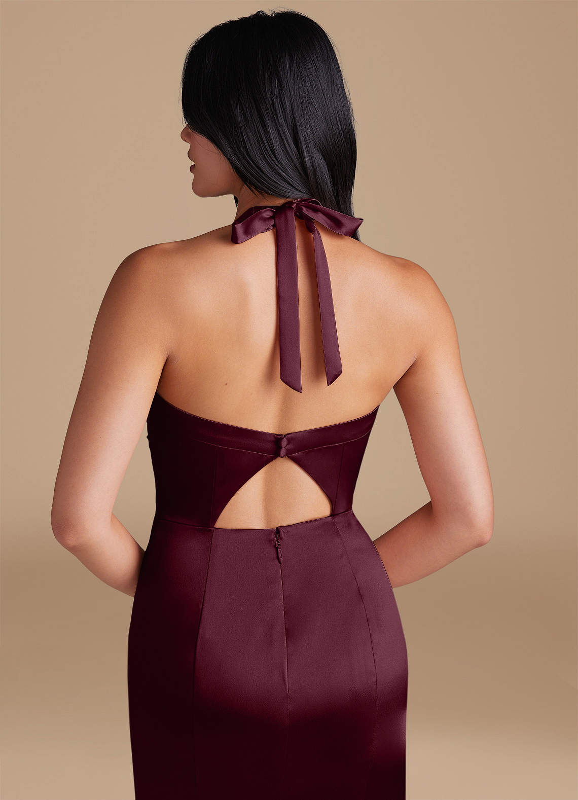 Emeria Sheath Halter Metallic Satin Bridesmaid Dress in Cabernet