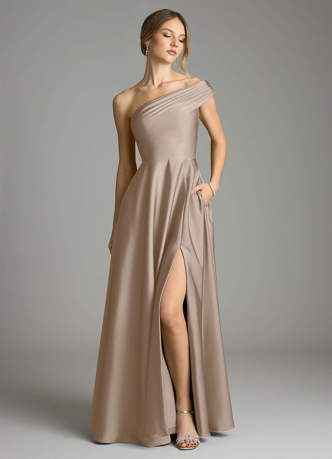 Melanie A-Line One-Shoulder Stretch Satin Bridesmaid Dress in Taupe