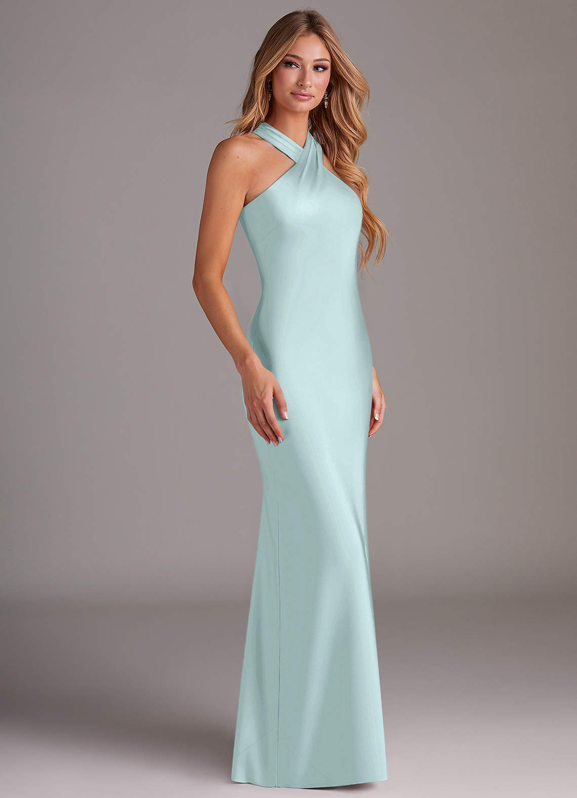Doretta Mermaid Halter Stretch Satin Bridesmaid Dress in Sea Glass