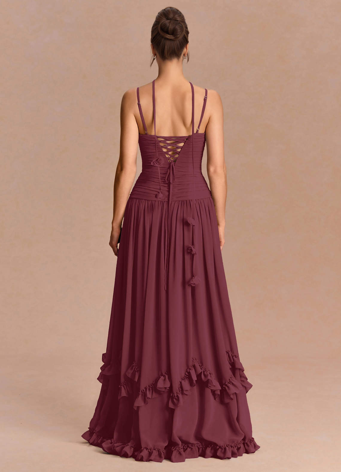 Eulalie A-Line Floral-Appliqué Chiffon Evening Dress in Wine