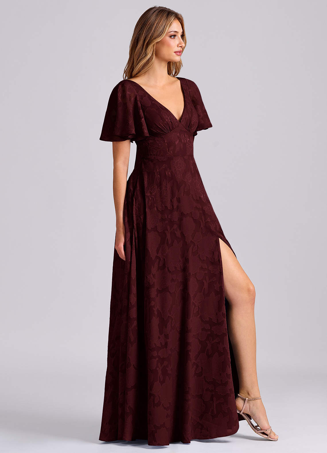 Kimber A-Line V-Neck Floral Burnout Bridesmaid Dress in Cabernet