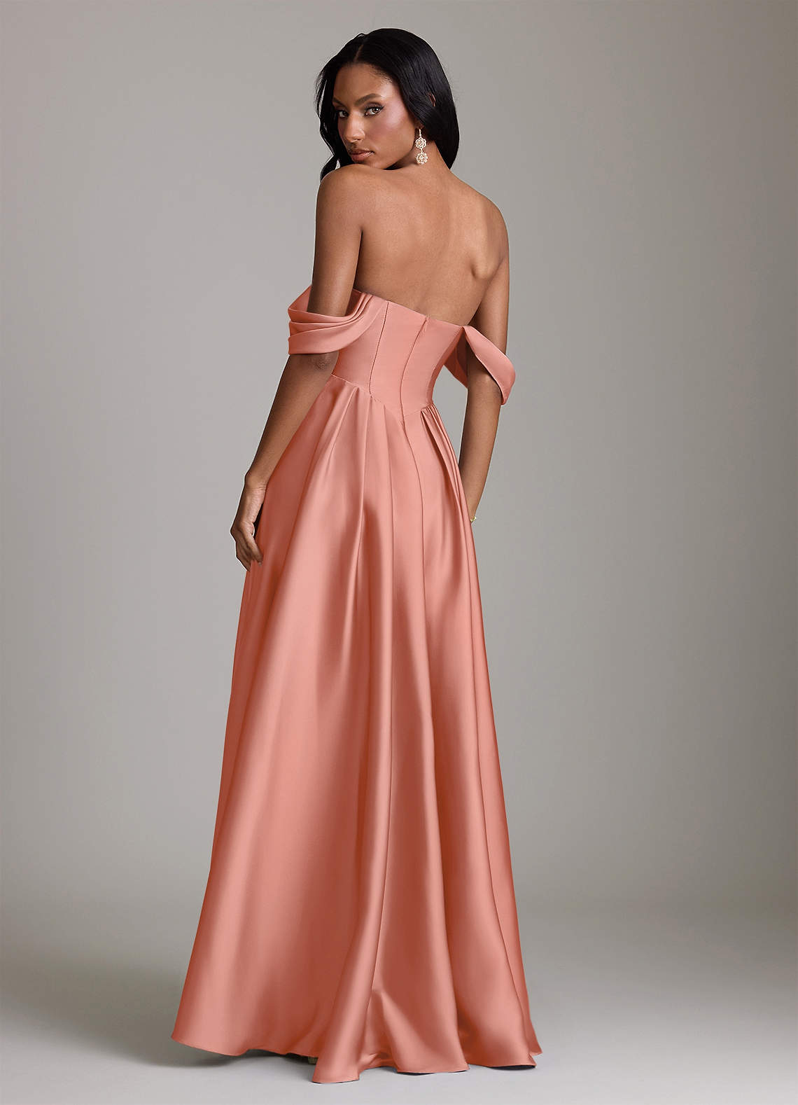 Loisa A-Line Off-the-Shoulder Stretch Satin Bridesmaid Dress in Salmon Pink