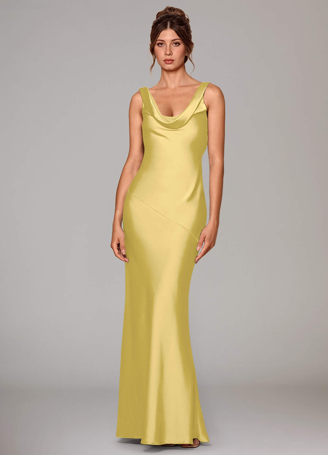 Rylina Mermaid Cowl-Neck Stretch Satin Bridesmaid Dress in Canary