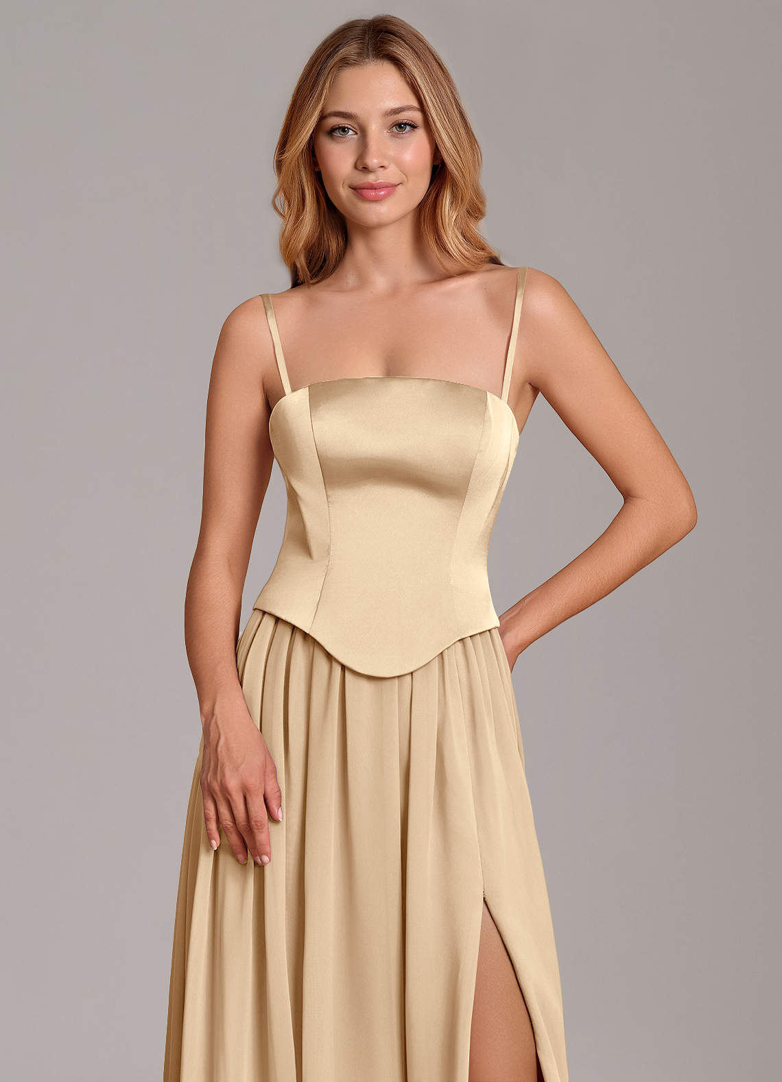 Cadence A-Line Strapless Chiffon and Stretch Satin Bridesmaid Dress in Champagne