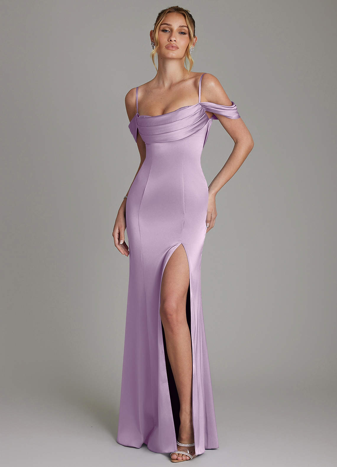 Nira Mermaid Sweetheart Stretch Satin Bridesmaid Dress in Frosted Lilac