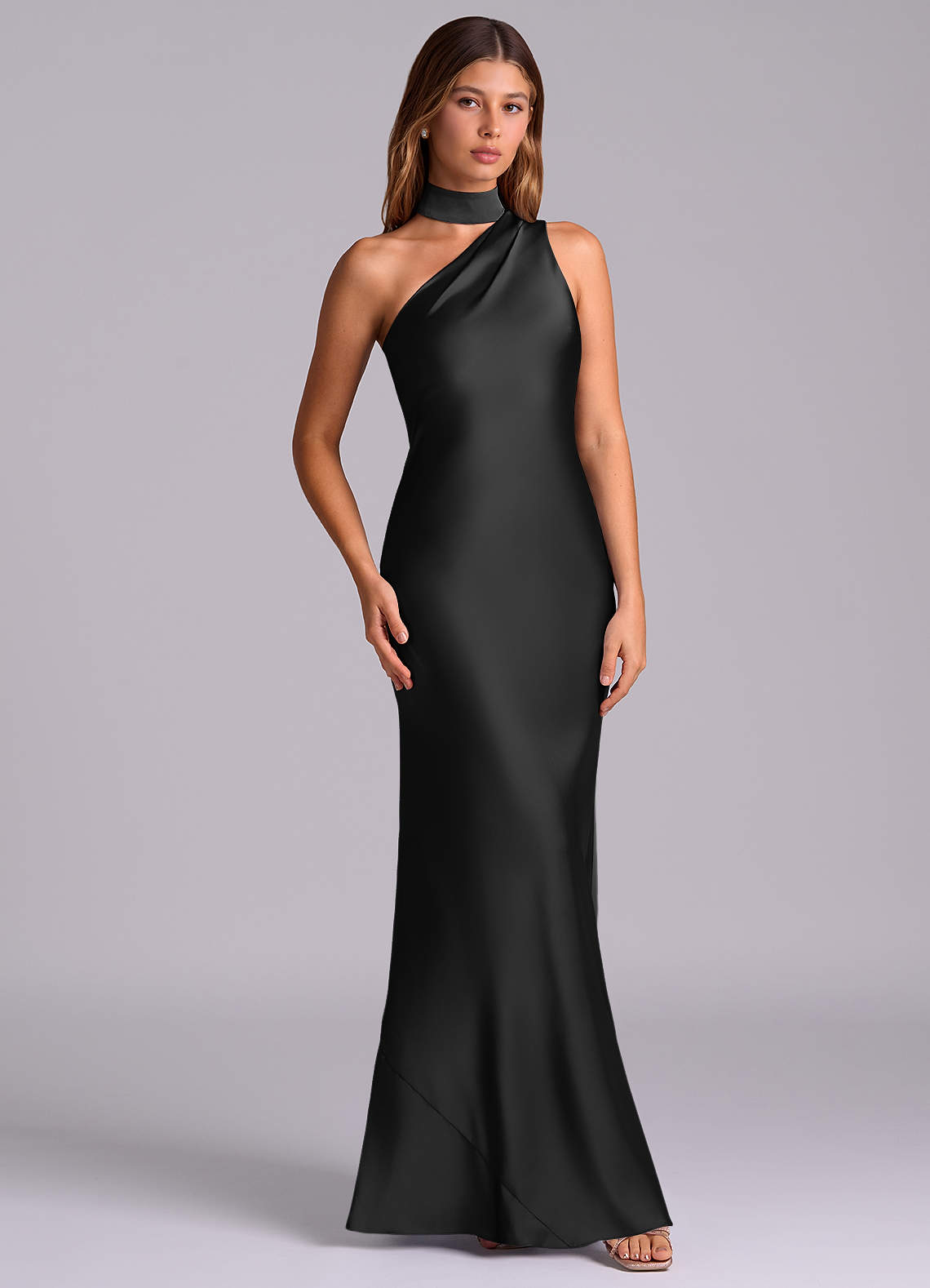 Seona Mermaid One-Shoulder Stretch Satin and Tulle Bridesmaid Dress in black