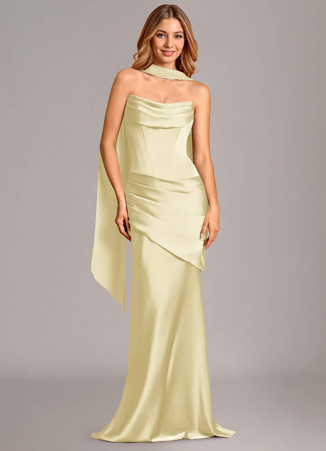 Pelagia Mermaid Cowl-Neck Stretch Satin Bridesmaid Dress in Lemon Sorbet