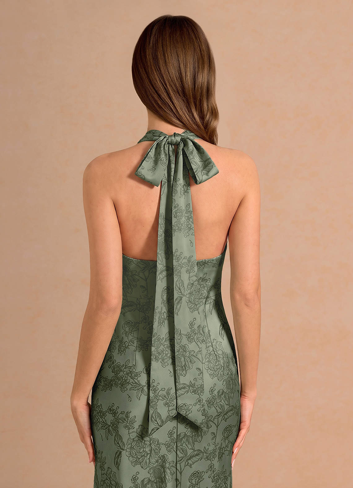 Ottoline Plunging V-Neck Open-Back Jacquard Evening Dress in Sage Blue