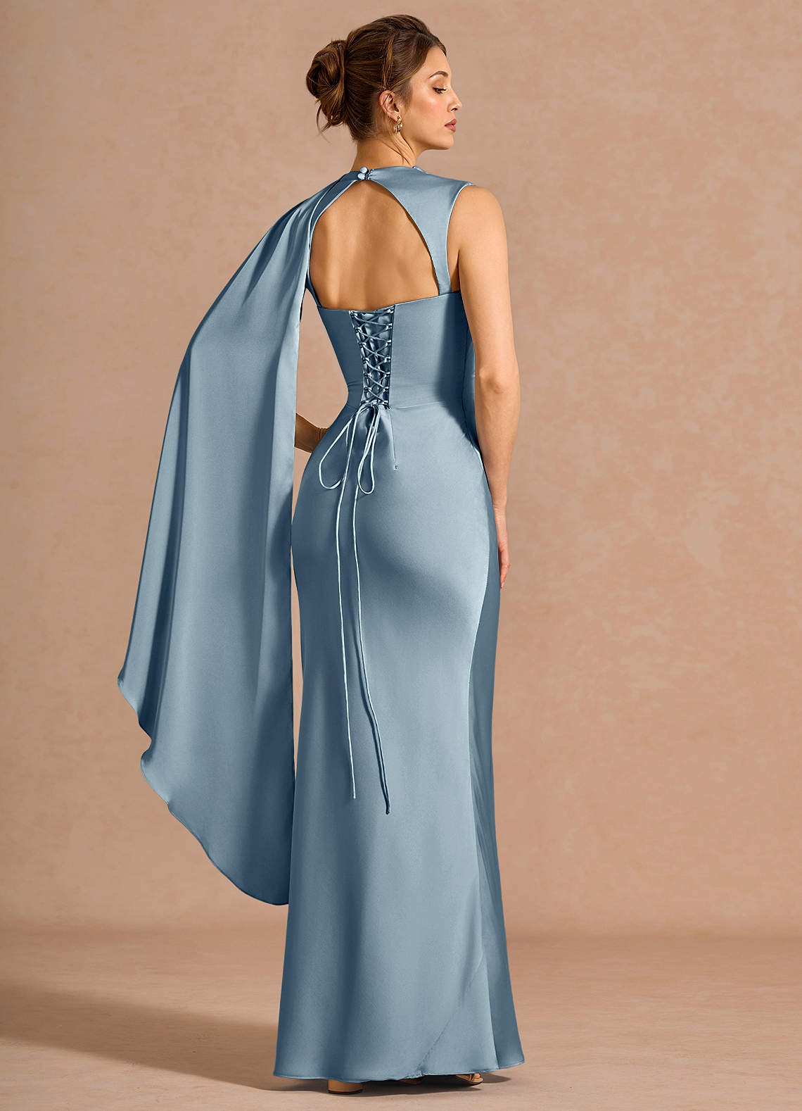 Chesney Cape-Sleeve Pleated Stretch Satin Wedding Guest Dress in Dusty Blue