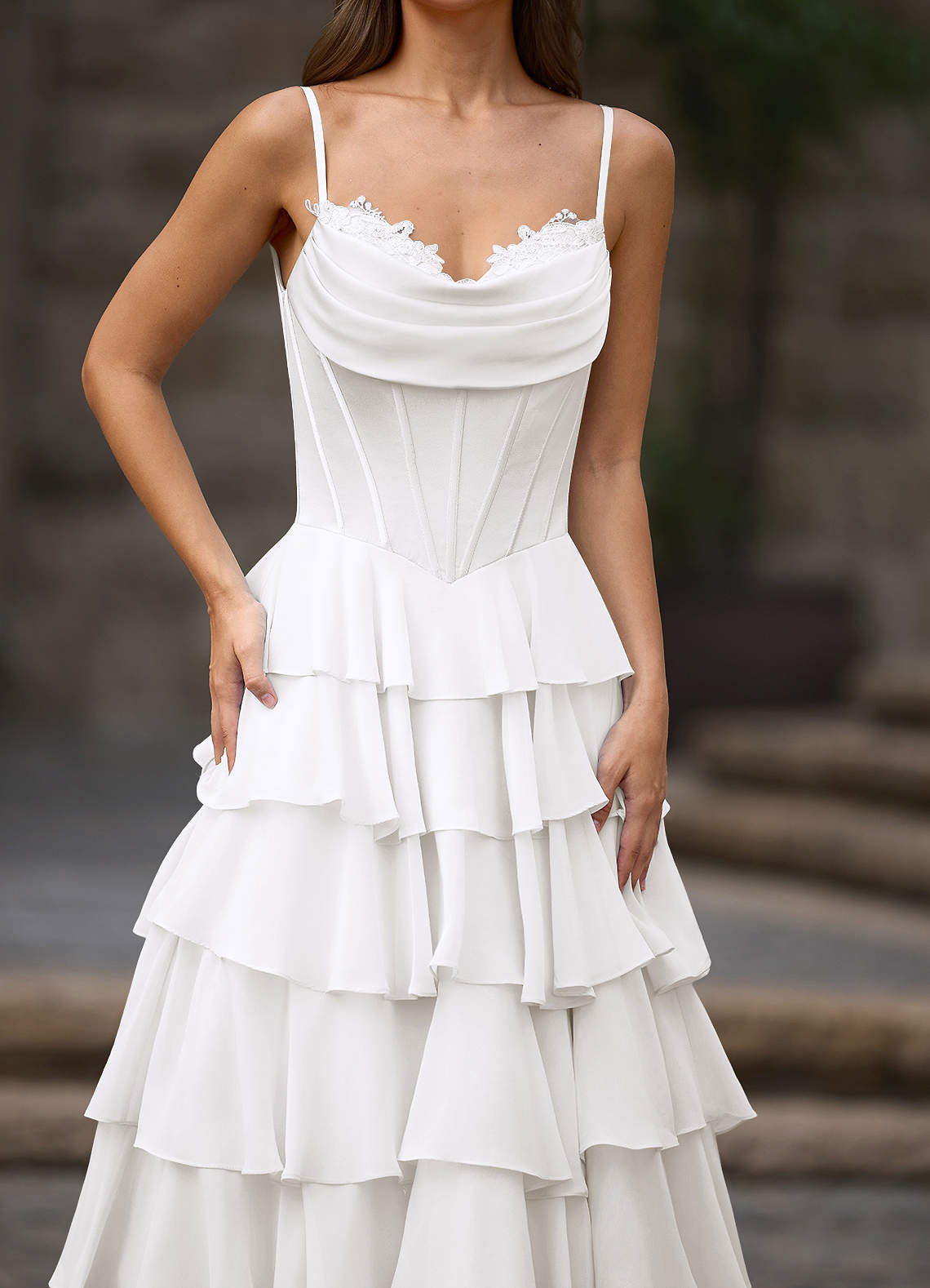 Floralace A-Line Ruffle Chiffon Evening Dress in White