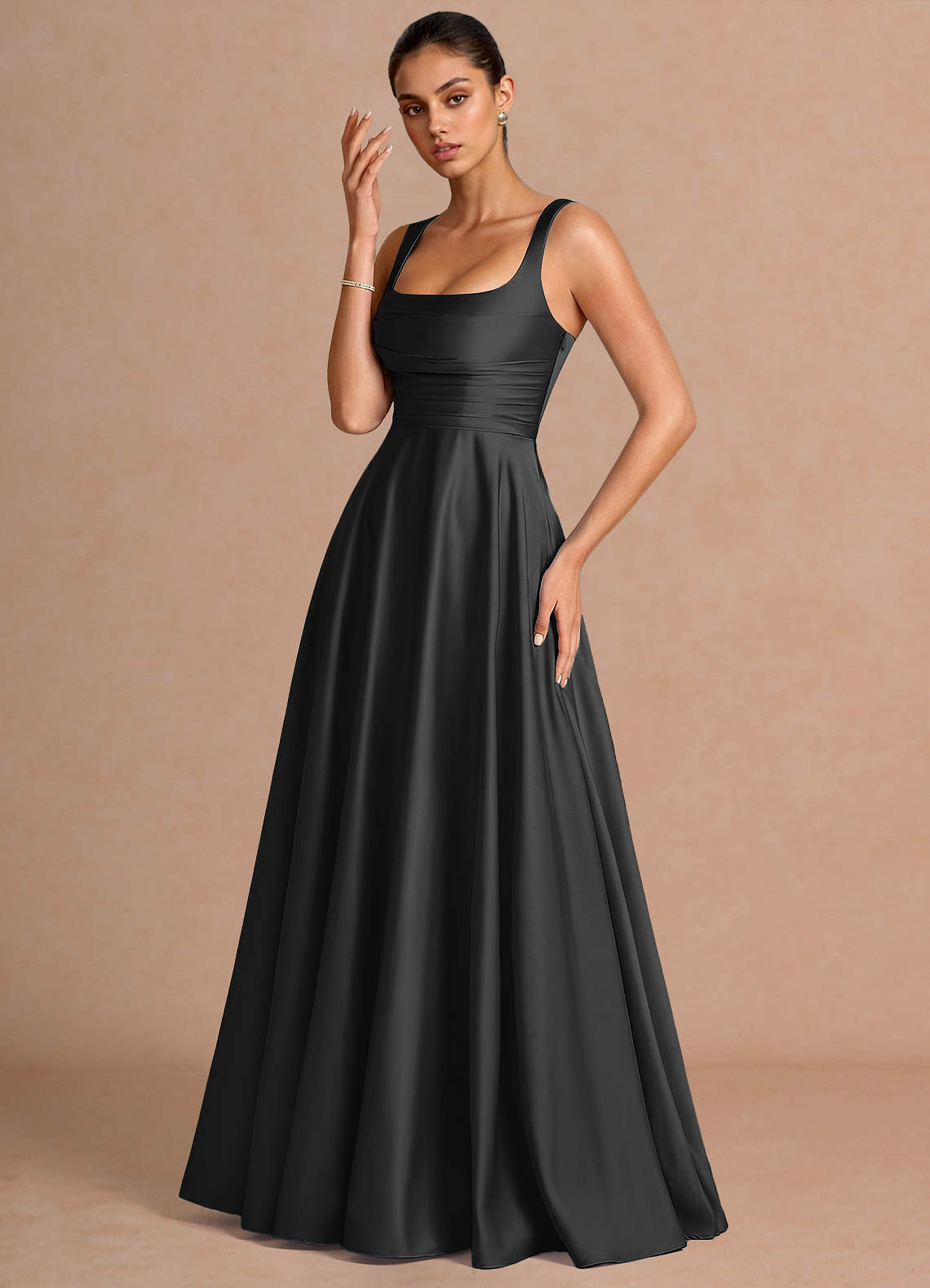 Azaria A-Line Square-Neck Stretch Satin Wedding Guest Dress in black