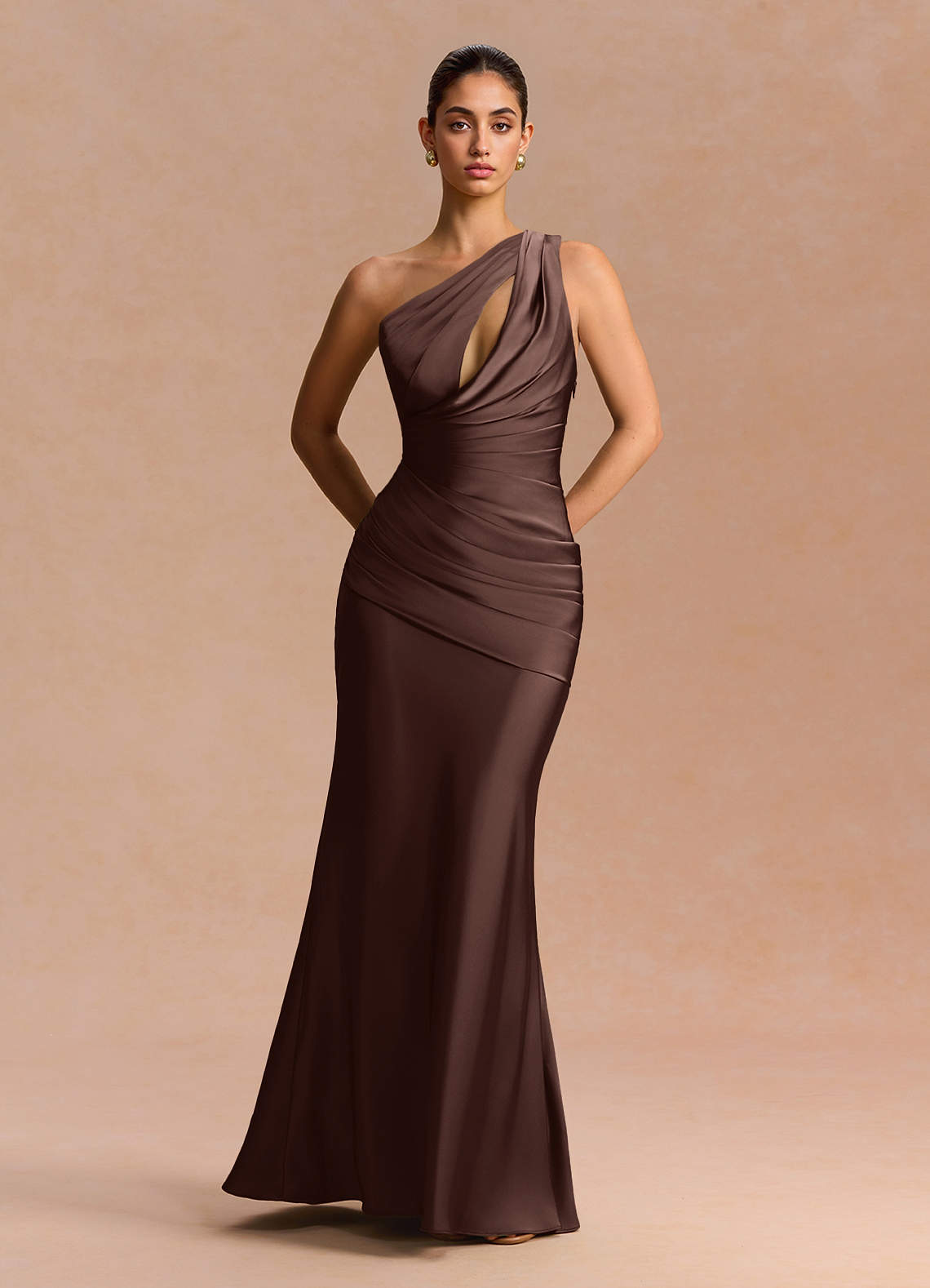 Guinevere One-Shoulder Cutout Stretch Satin Evening Dress in Truffle