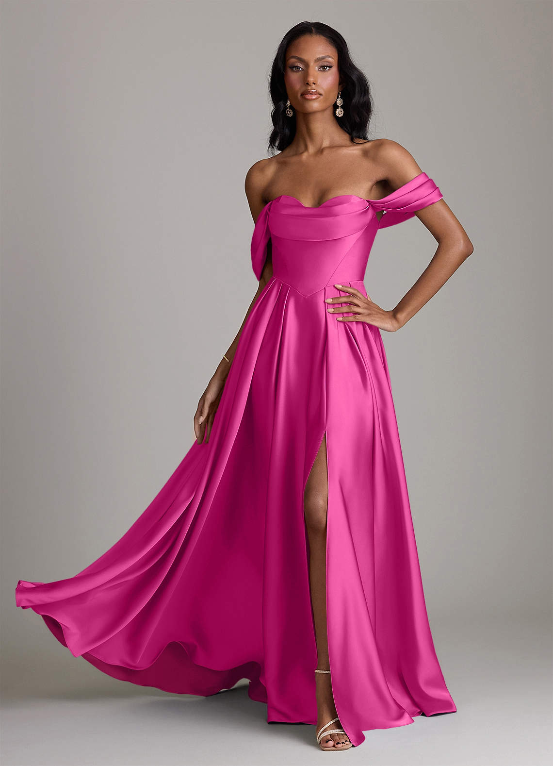 Loisa A-Line Off-the-Shoulder Stretch Satin Bridesmaid Dress in Fuchsia