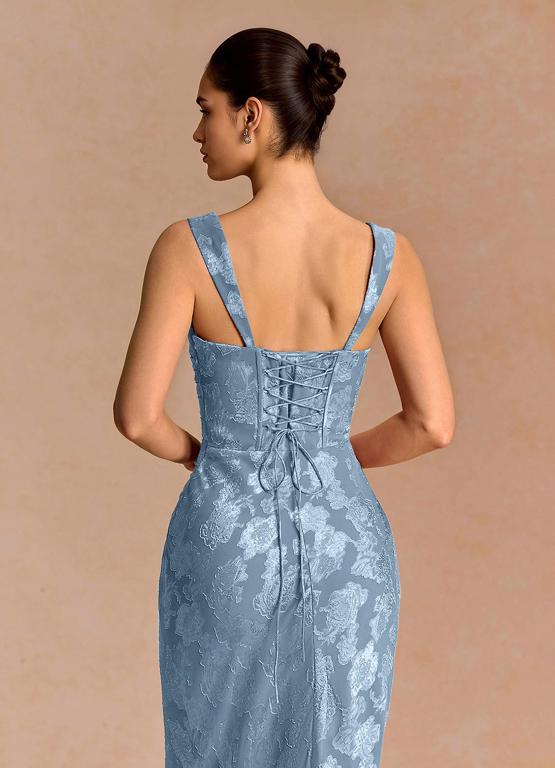 Agustina Square-Neck Pleated Fil Coupé Evening Dress in Dusty Blue