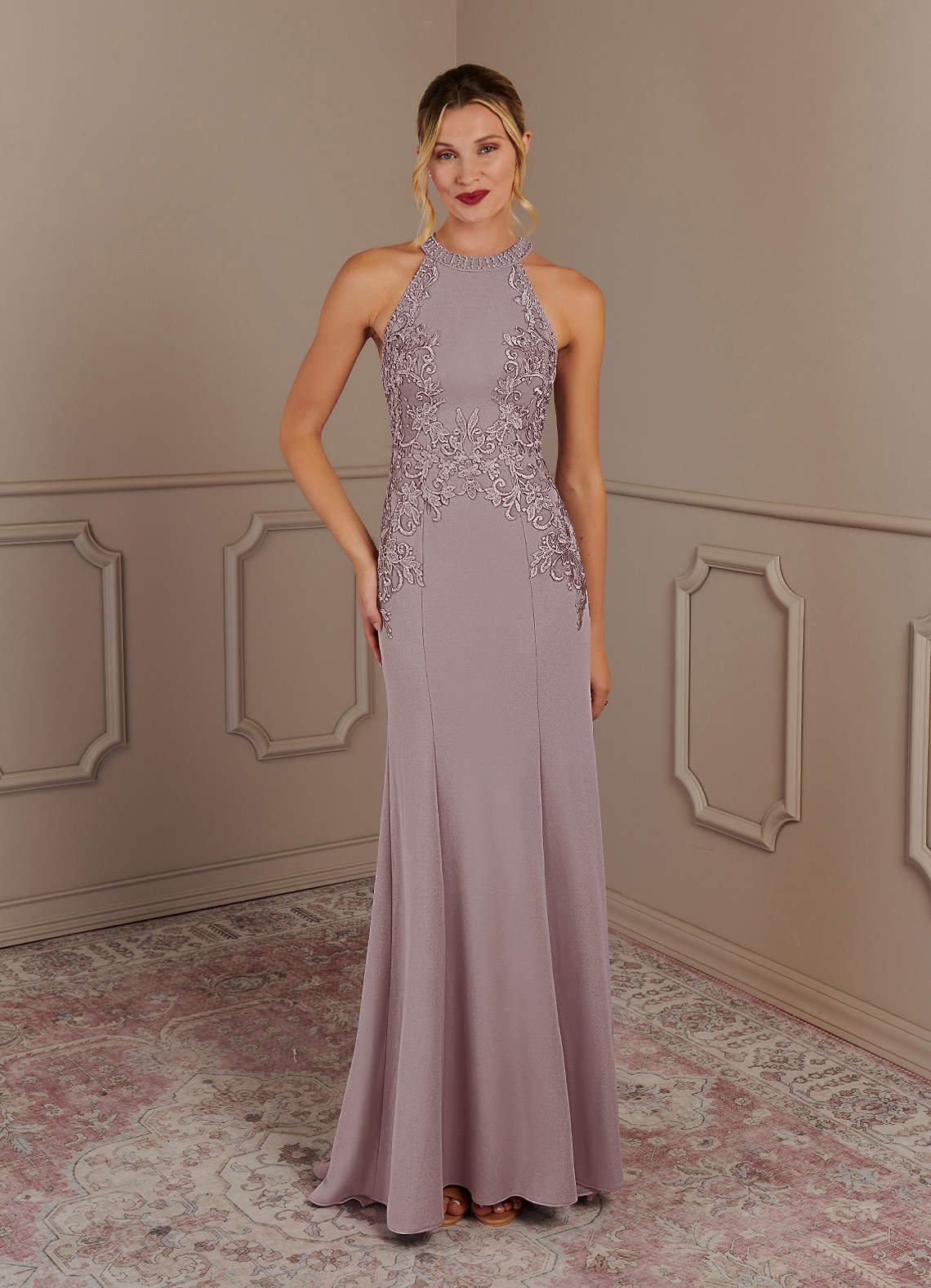 Tyra Mermaid Halter Tulle and Stretch Crepe Mother of the Bride Dress in Vintage Mauve