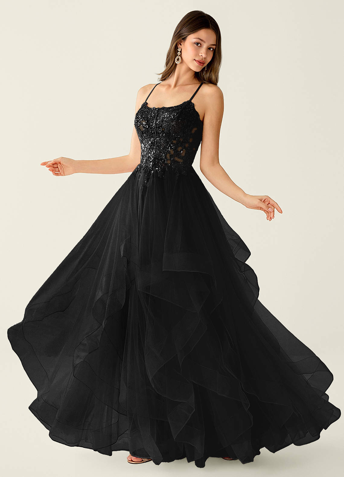 Mosaic A-Line V-Neck Tulle Evening Dress in black