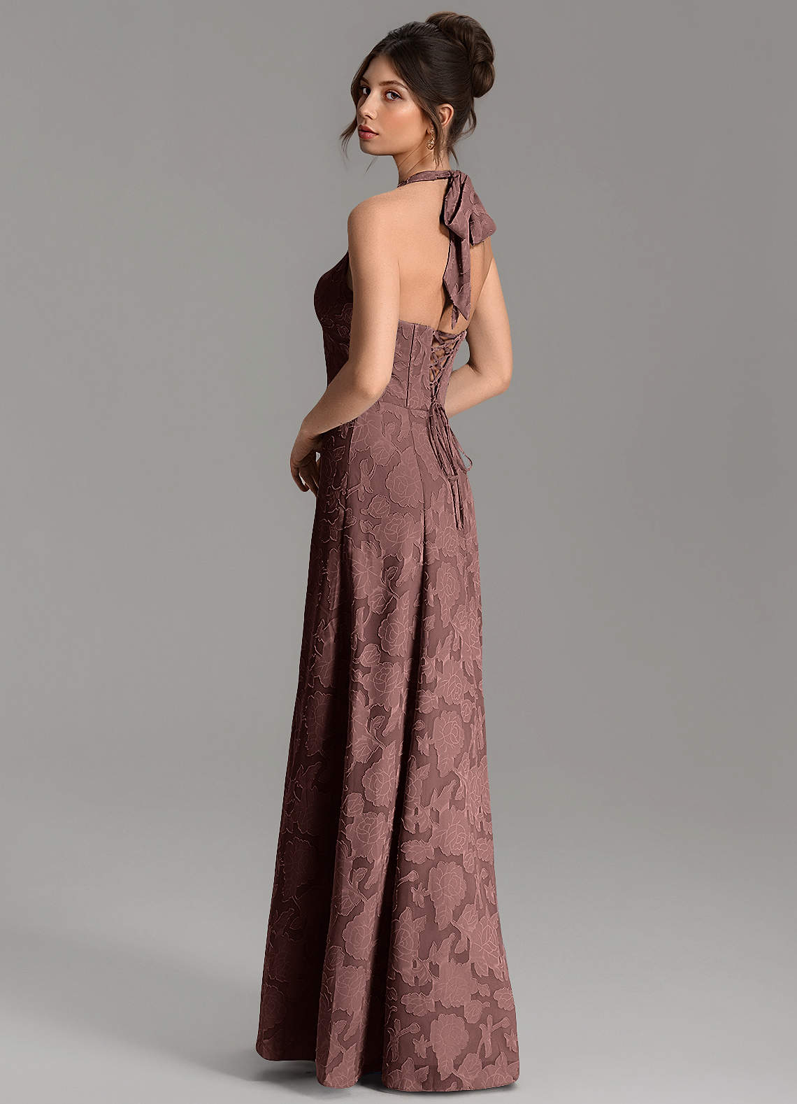 Nia A-Line V-Neck Floral Burnout Bridesmaid Dress in Espresso