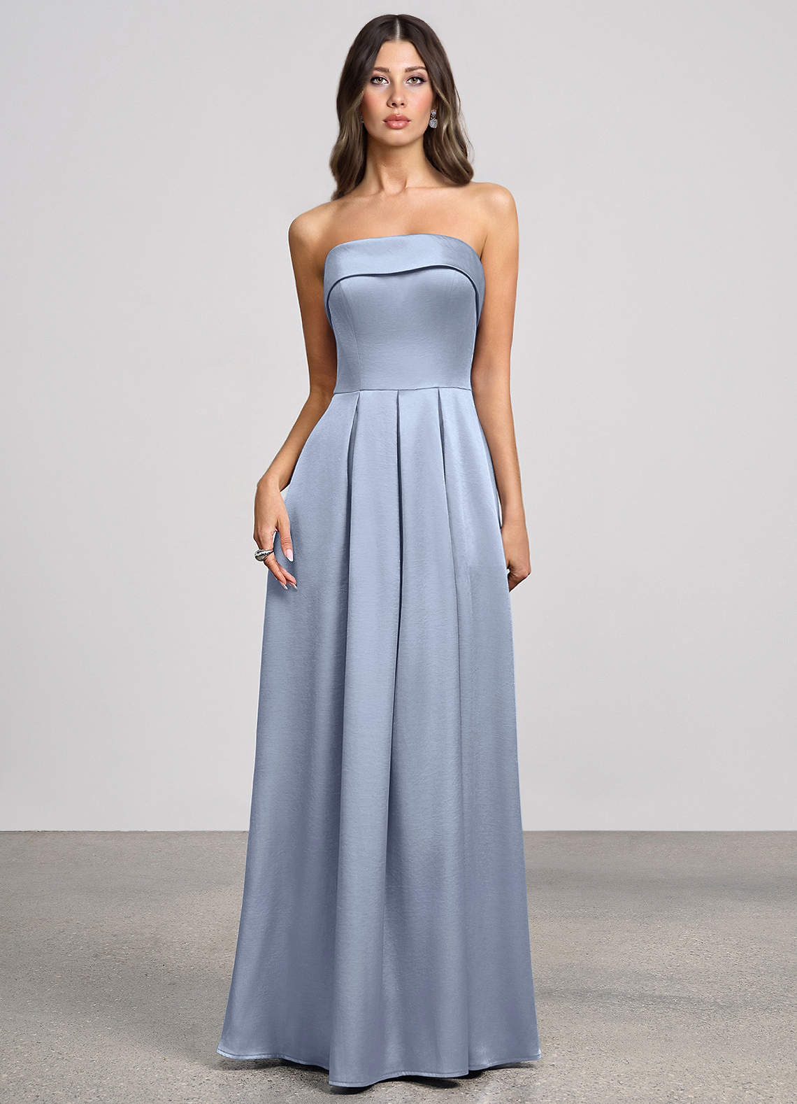 Isolde Strapless Folded-Neck Corset Luminous Satin Evening Dress in dusty blue