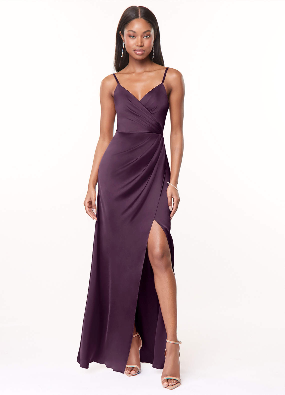 Maci A-Line V-Neck Stretch Satin Bridesmaid Dress in Plum