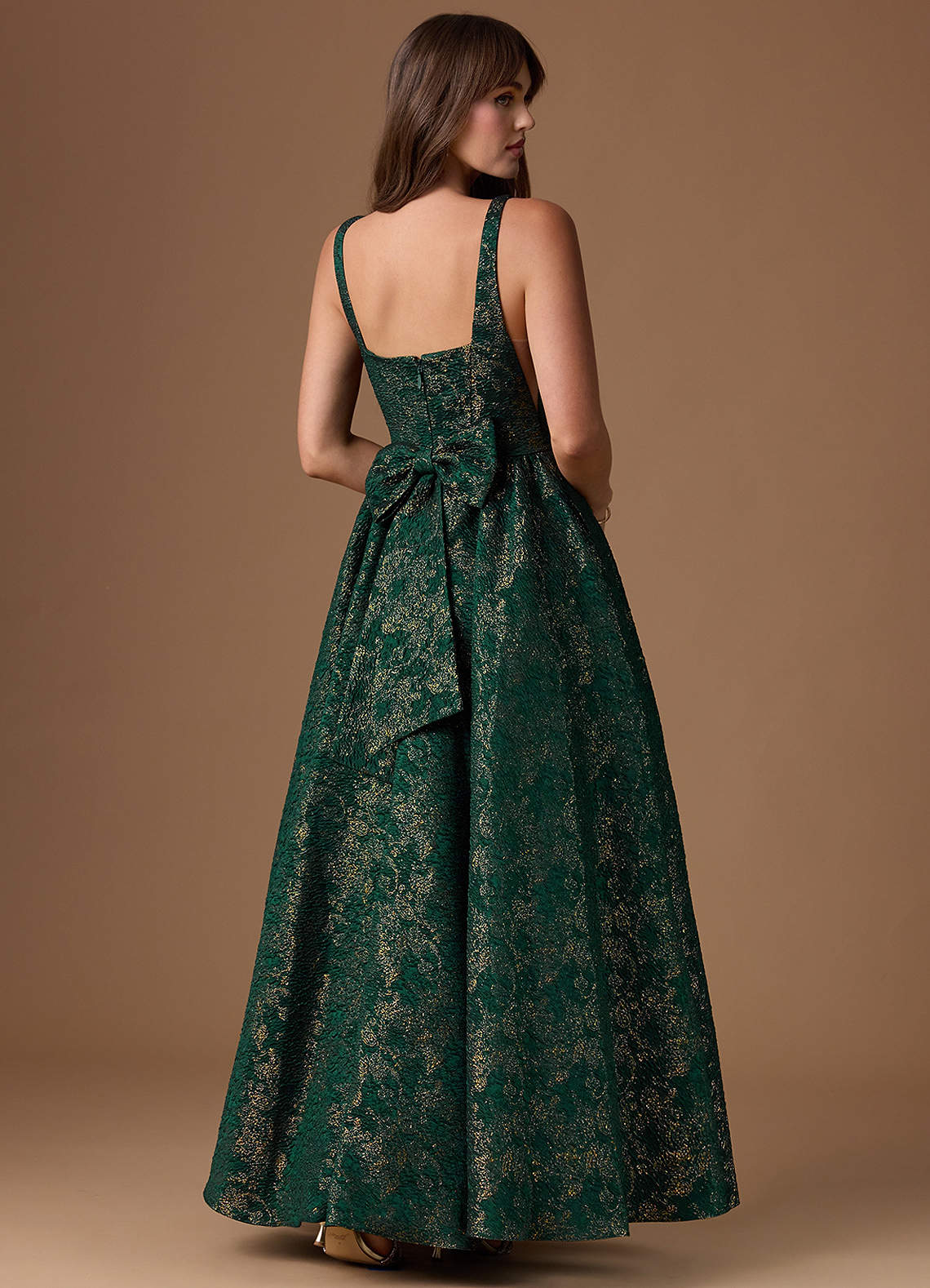 Bea A-Line Square-Neck Brocade Evening Dress in Gilded Emerald