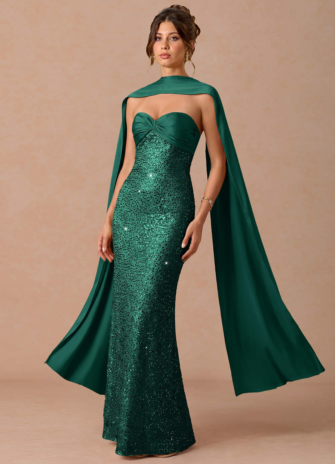 Serelle A-Line Sweetheart Sequin Satin Evening Dress in Emerald