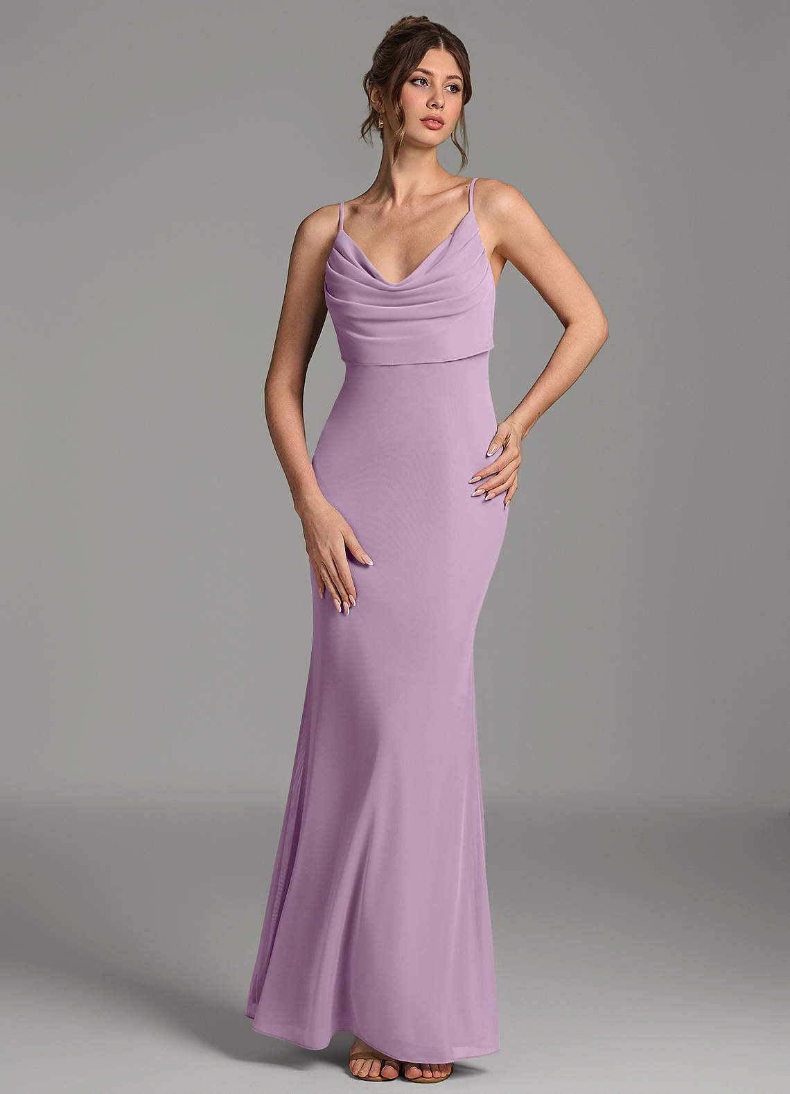 Zari Mermaid Cowl-Neck Mesh Bridesmaid Dress in Wisteria