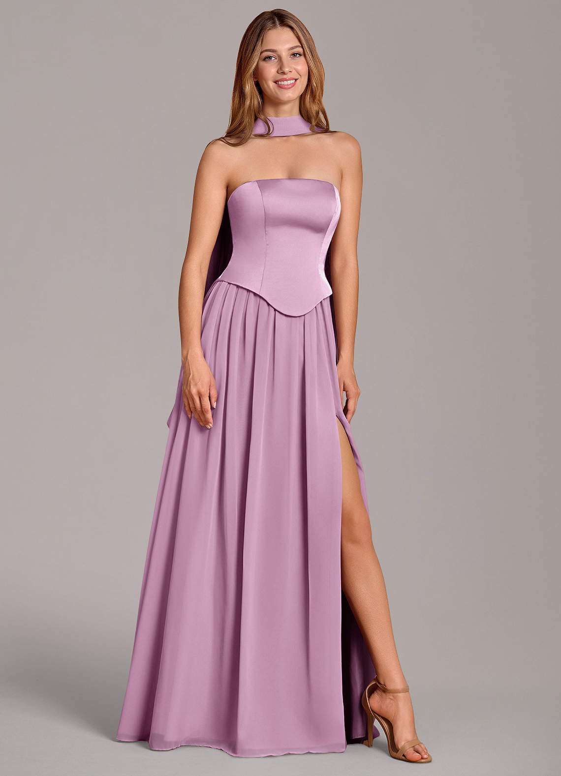 Cadence A-Line Strapless Chiffon and Stretch Satin Bridesmaid Dress in Wisteria