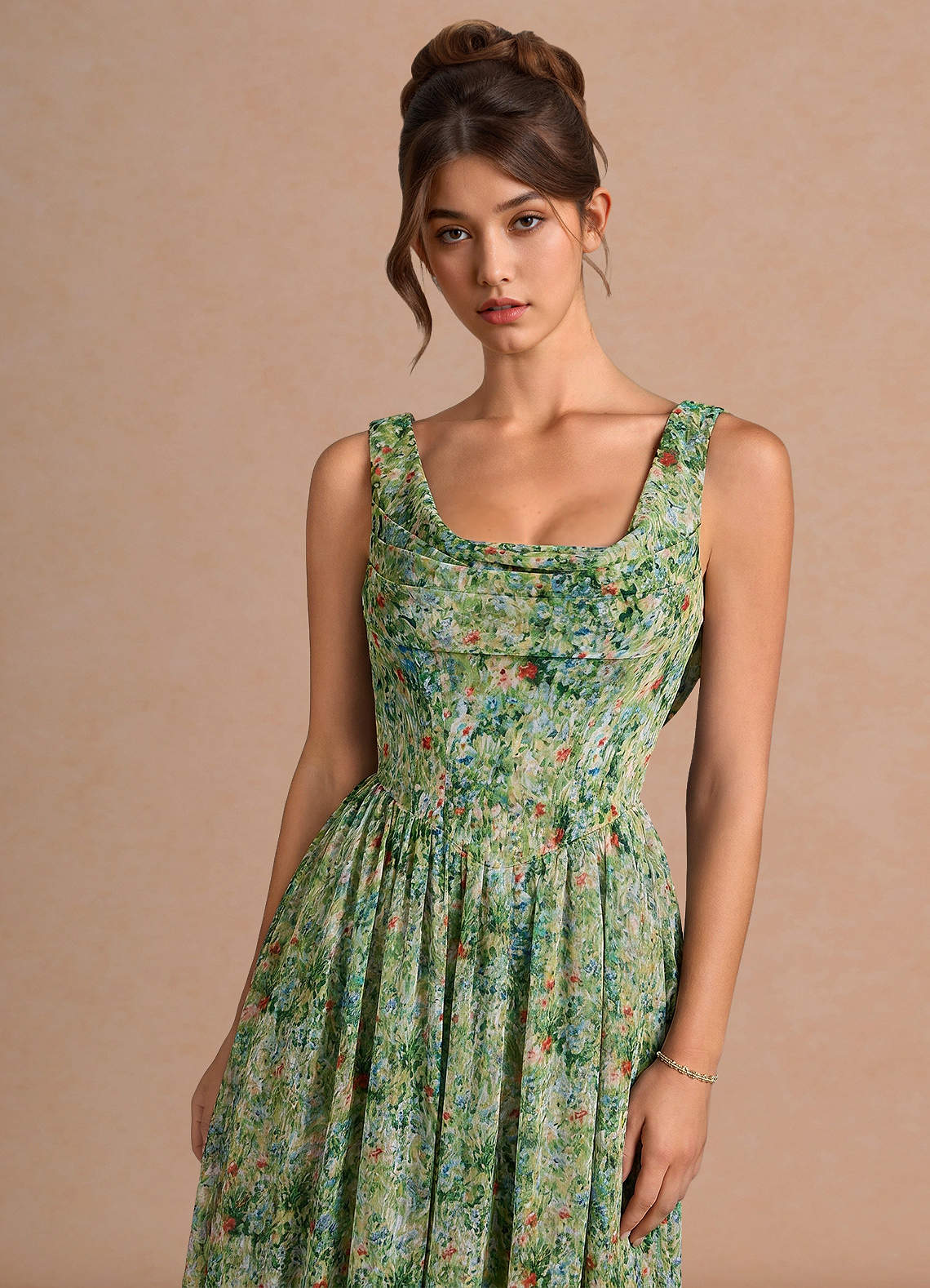 Aurore A-Line Cowl-Neck Chiffon Wedding Guest Dress in Green Floral