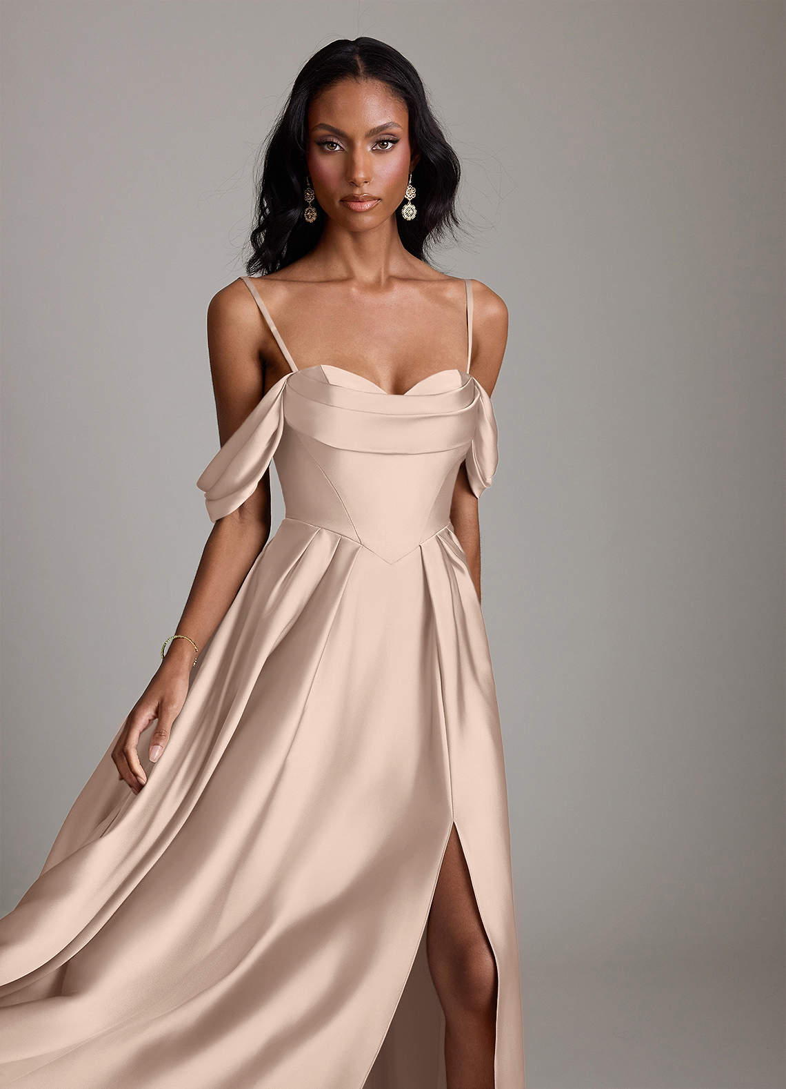 Loisa A-Line Off-the-Shoulder Stretch Satin Bridesmaid Dress in English Rose