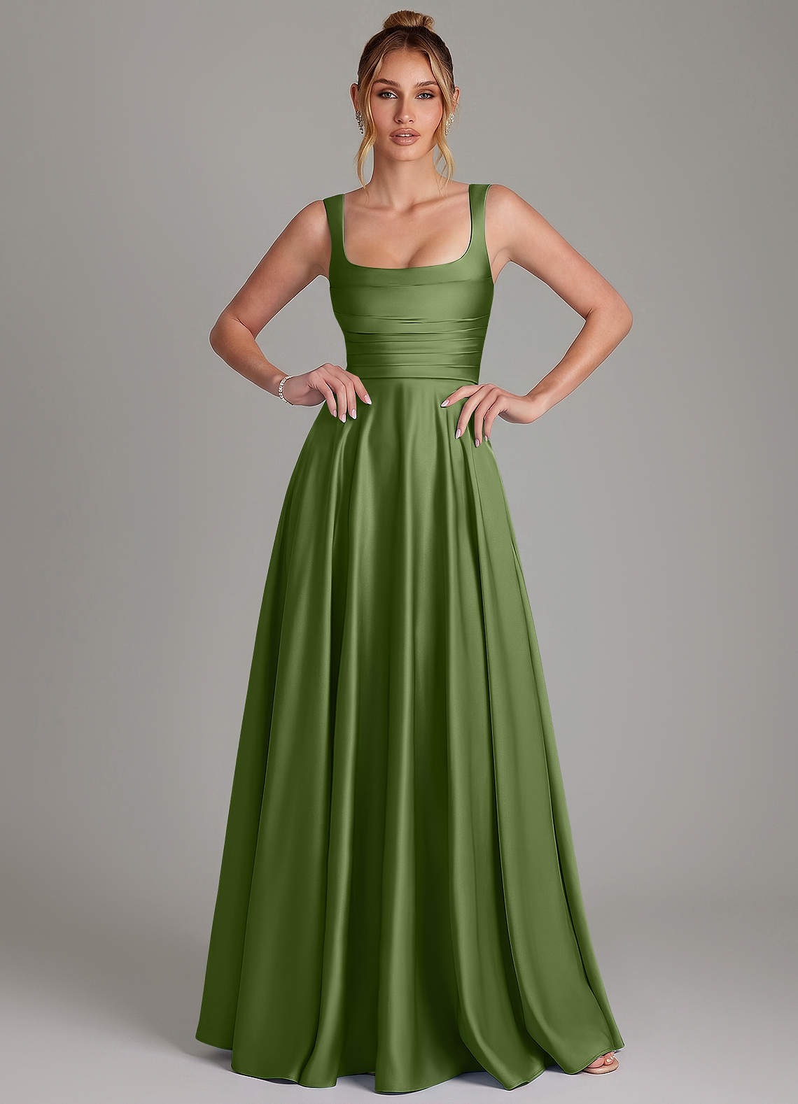Azaria A-Line Square-Neck Stretch Satin Bridesmaid Dress in Juniper