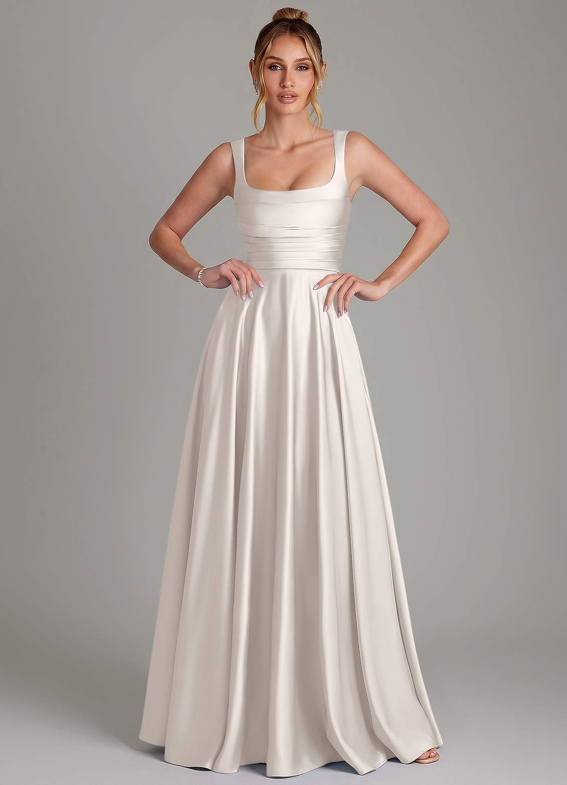 Azaria A-Line Square-Neck Stretch Satin Bridesmaid Dress in White Alabaster