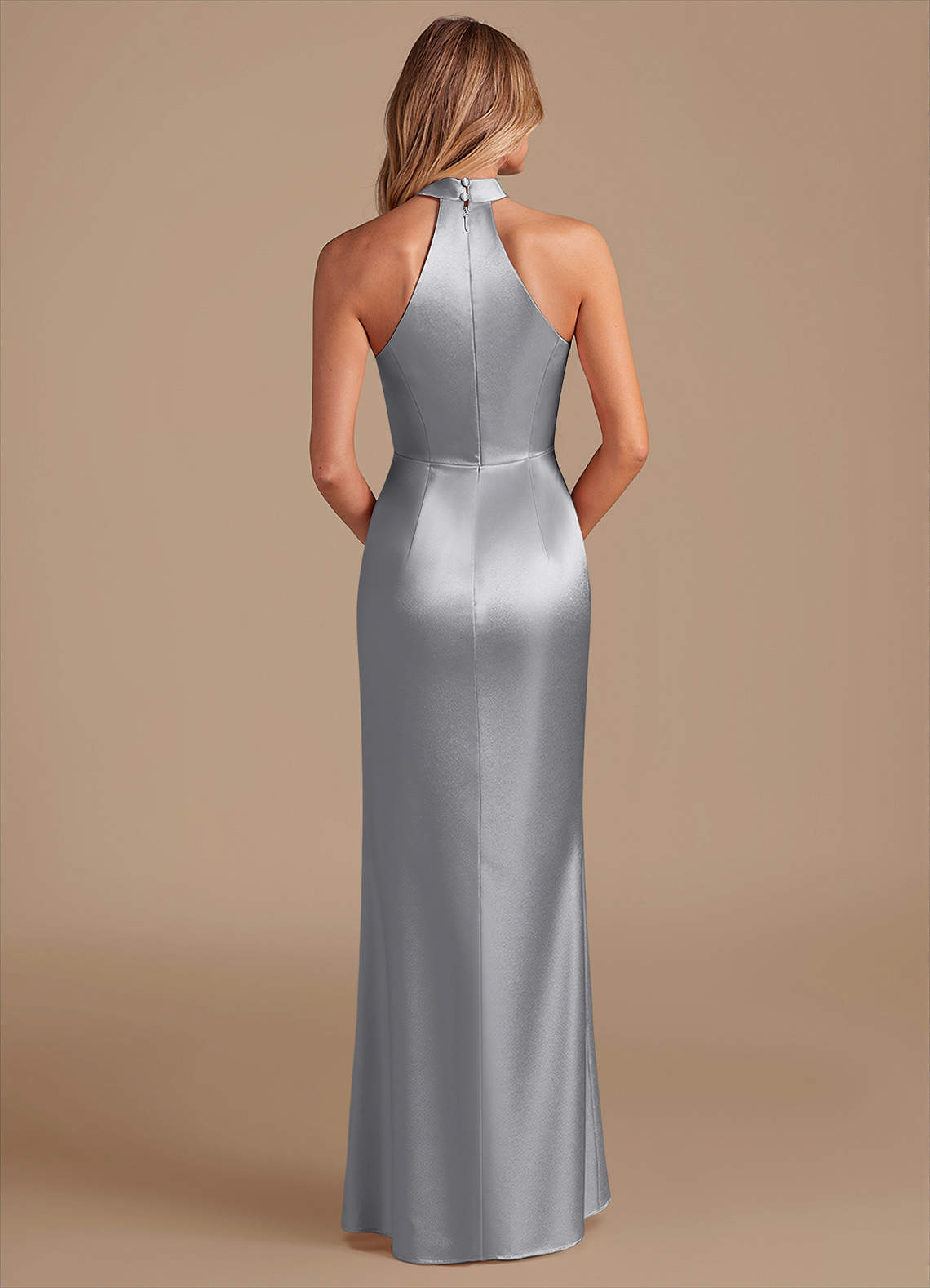 Karlotta Sheath Halter-Neck Metallic Satin Bridesmaid Dress in Silver