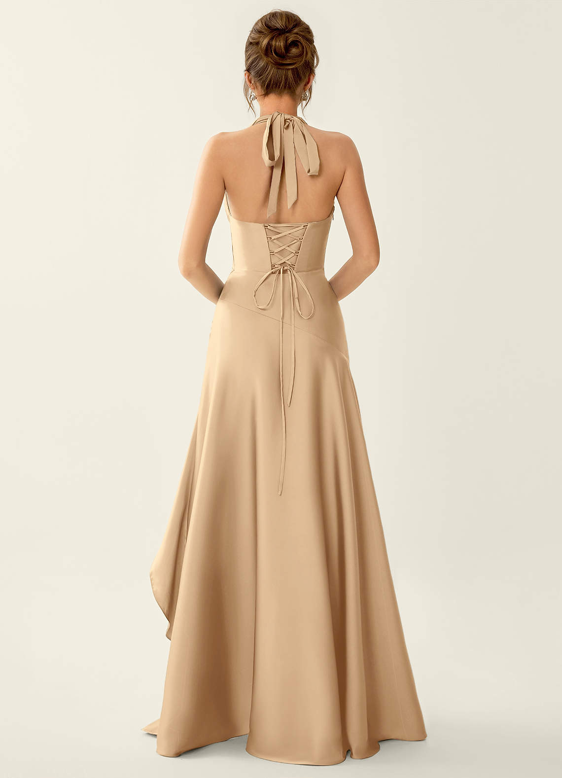 Titania Halter Asymmetric-Ruffle Satin Evening Dress in Champagne