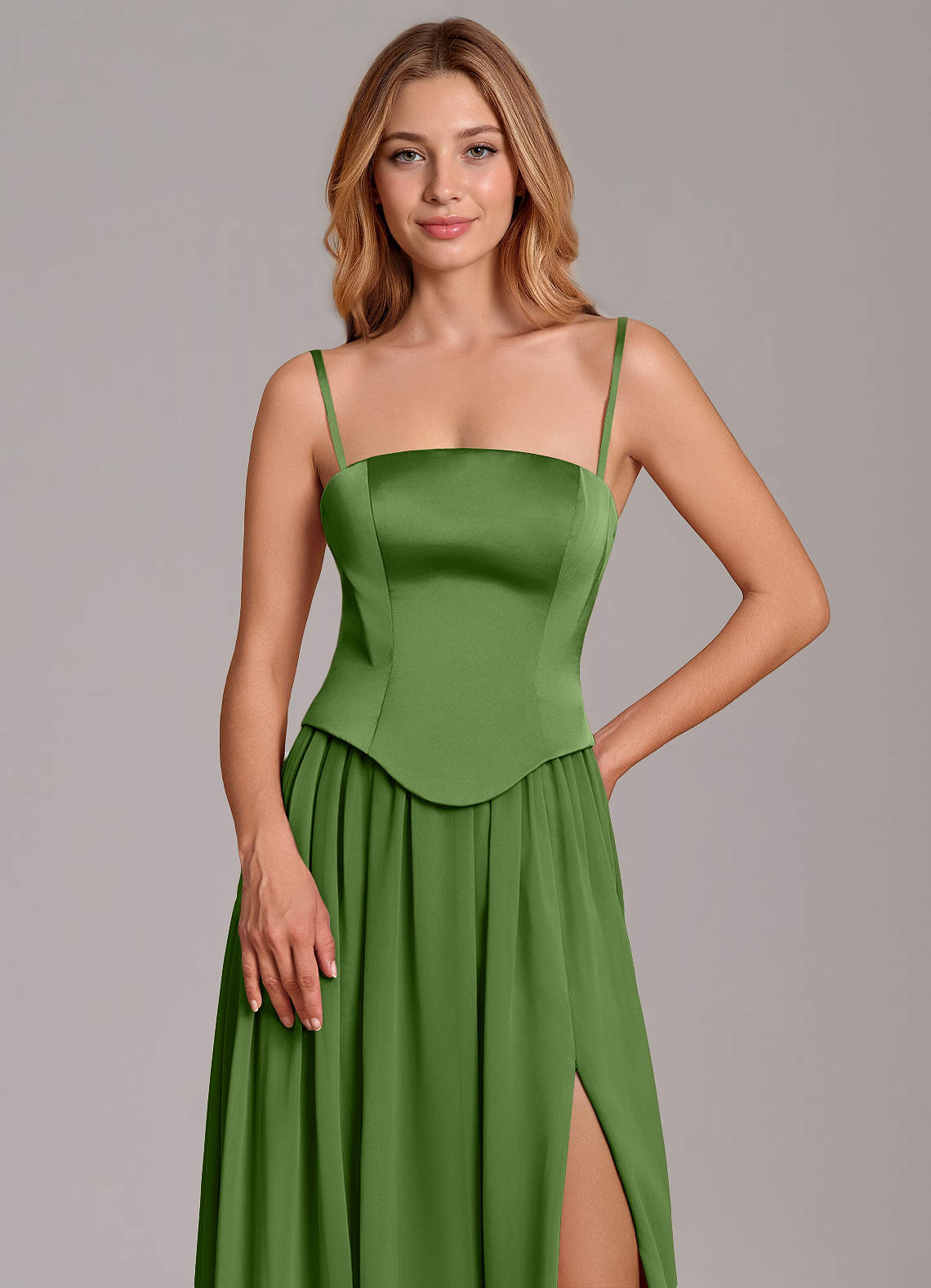Cadence A-Line Strapless Chiffon and Stretch Satin Bridesmaid Dress in Basil