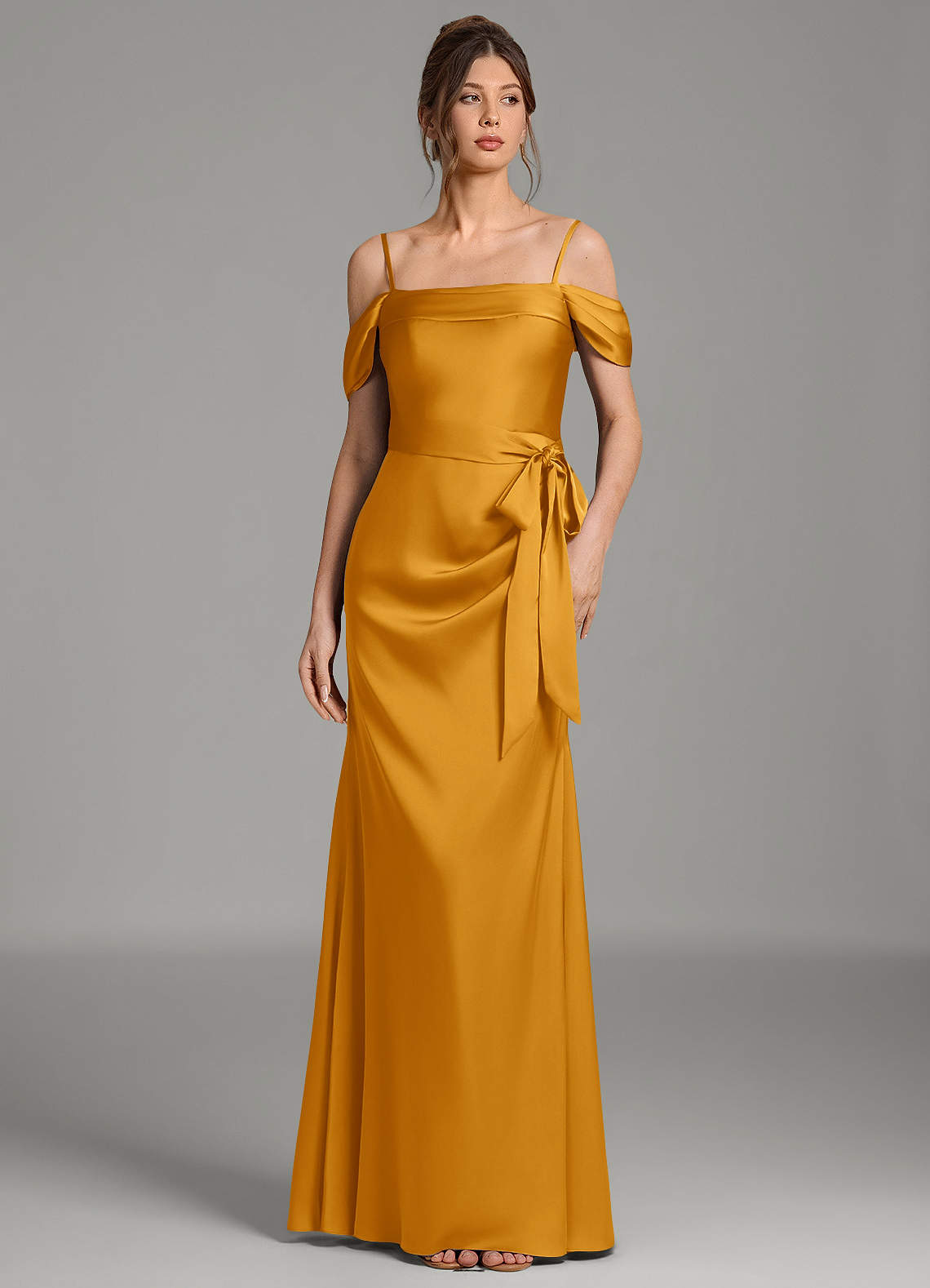 Wyatt Mermaid Off-the-Shoulder Stretch Satin Bridesmaid Dress in butterscotch