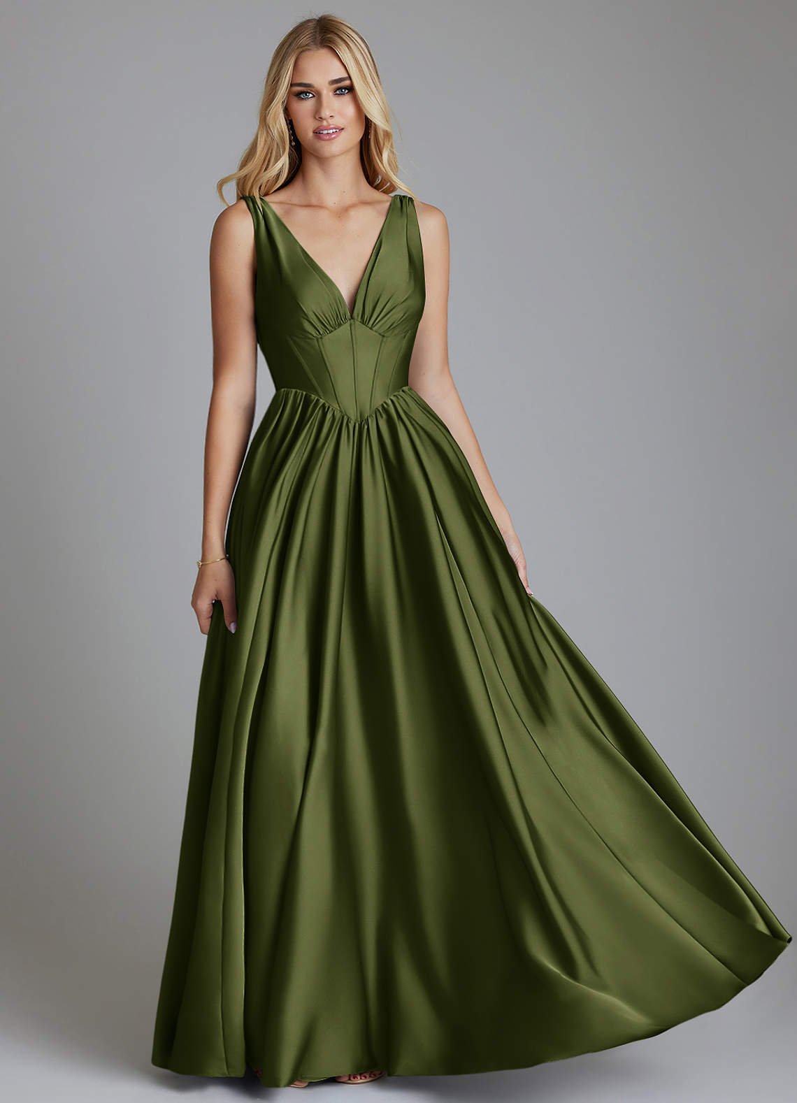 Delmie A-Line V-Neck Stretch Satin Bridesmaid Dress in Olive