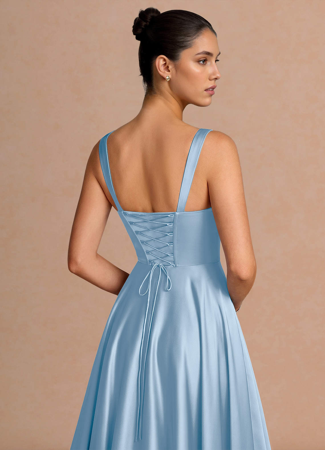 Azaria A-Line Square-Neck Stretch Satin Wedding Guest Dress in Haze blue