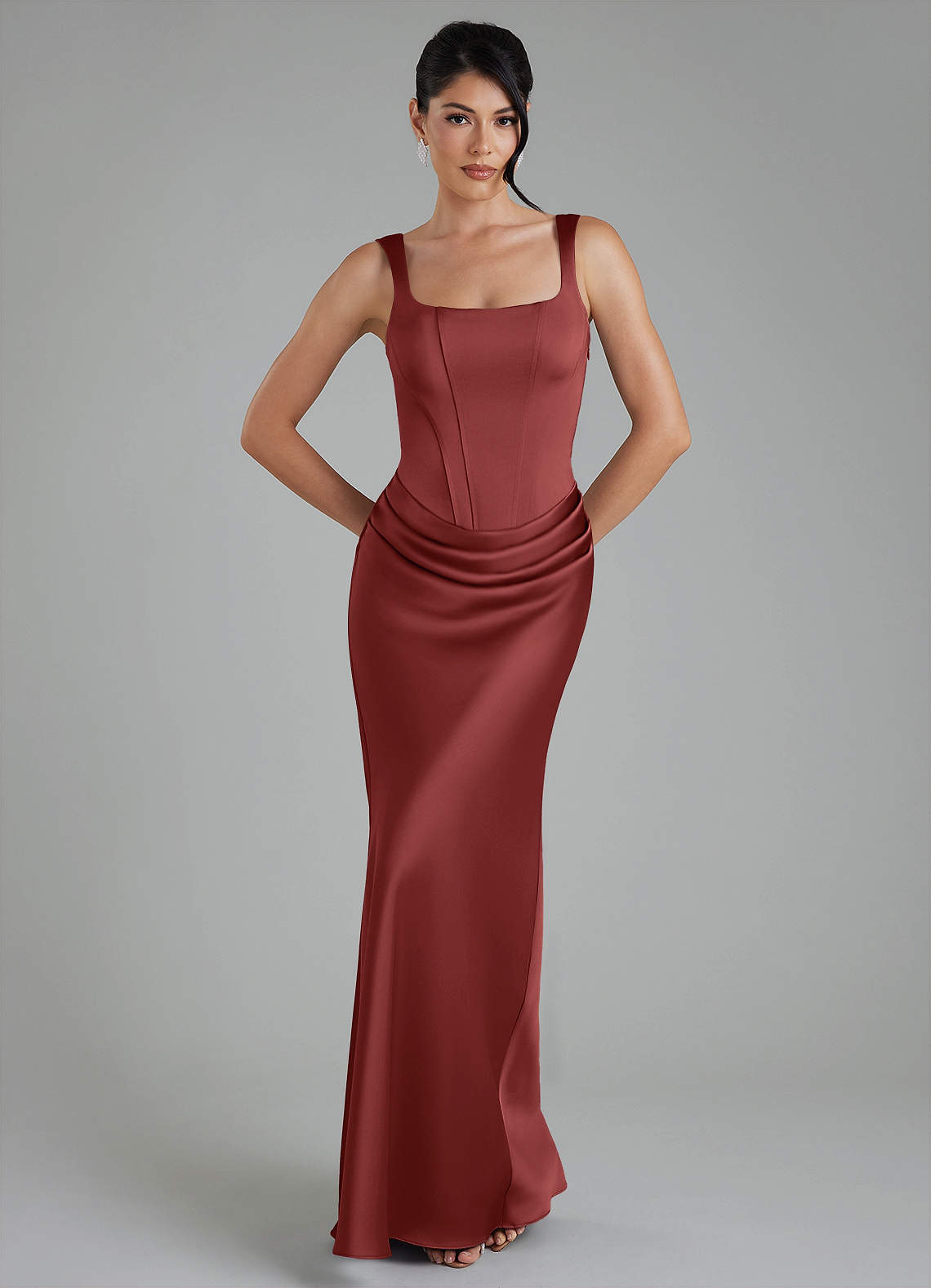 Etta Mermaid Square-Neck Stretch Satin Bridesmaid Dress in Terracotta