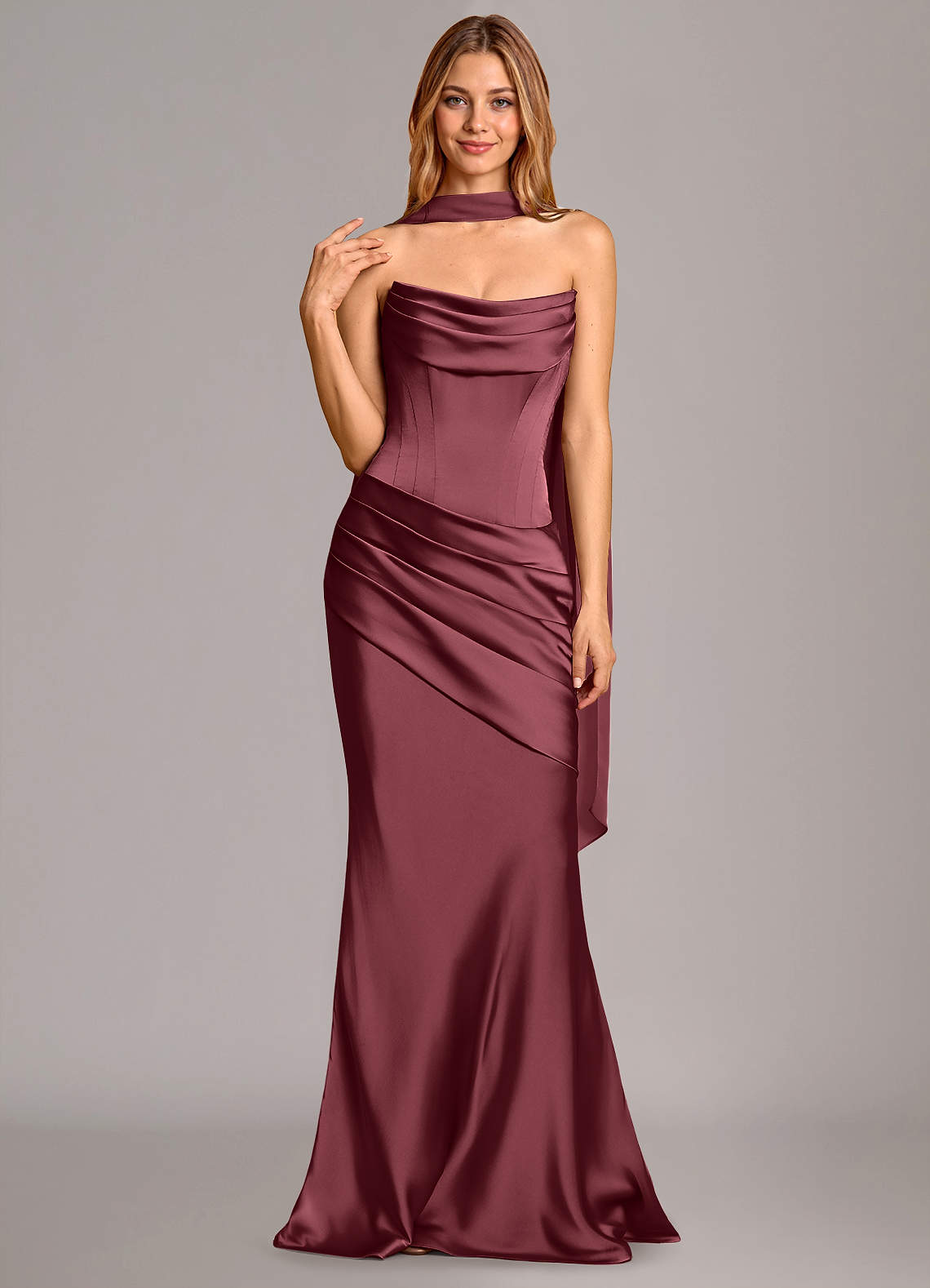 Pelagia Mermaid Cowl-Neck Stretch Satin Bridesmaid Dress in Merlot