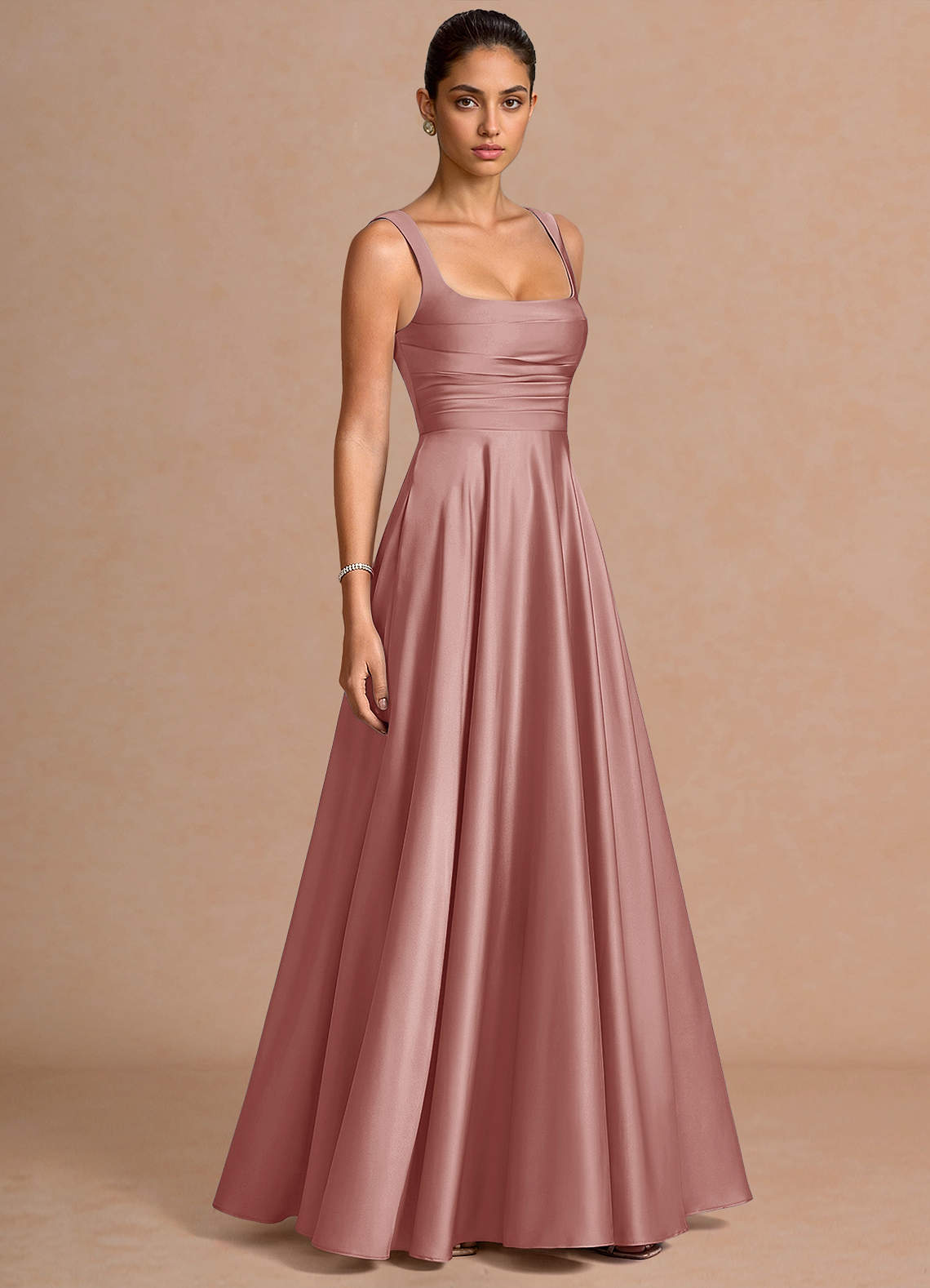 Azaria A-Line Square-Neck Stretch Satin Wedding Guest Dress in Dusty Pink