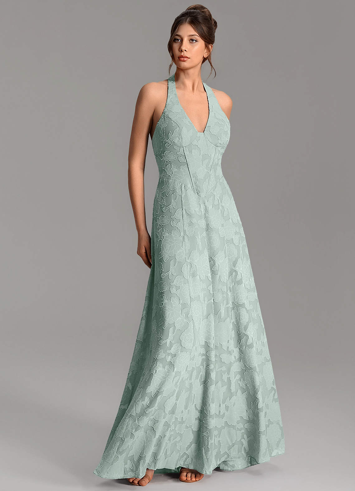 Nia A-Line V-Neck Floral Burnout Bridesmaid Dress in Agave