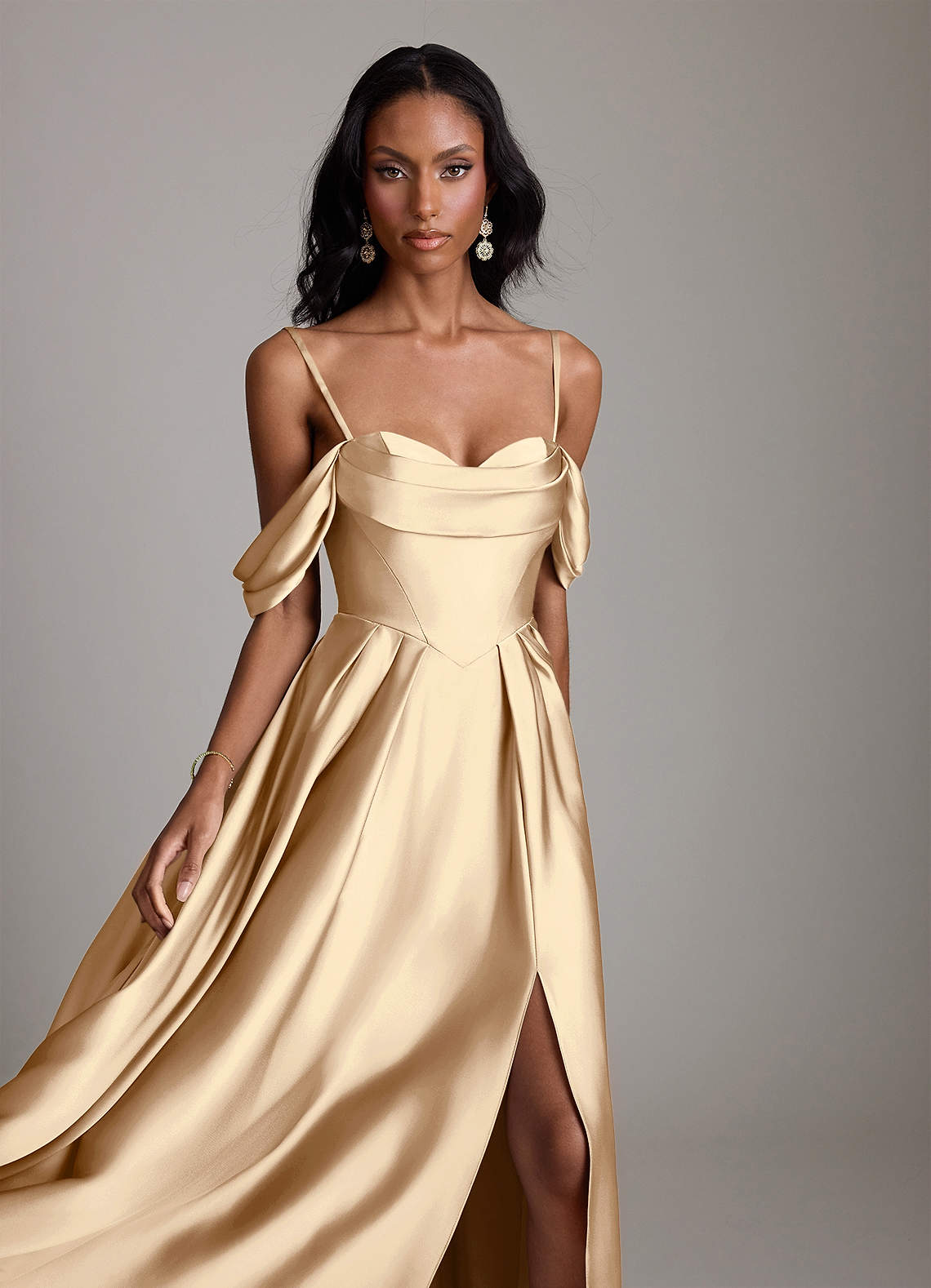 Loisa A-Line Off-the-Shoulder Stretch Satin Bridesmaid Dress in Champagne